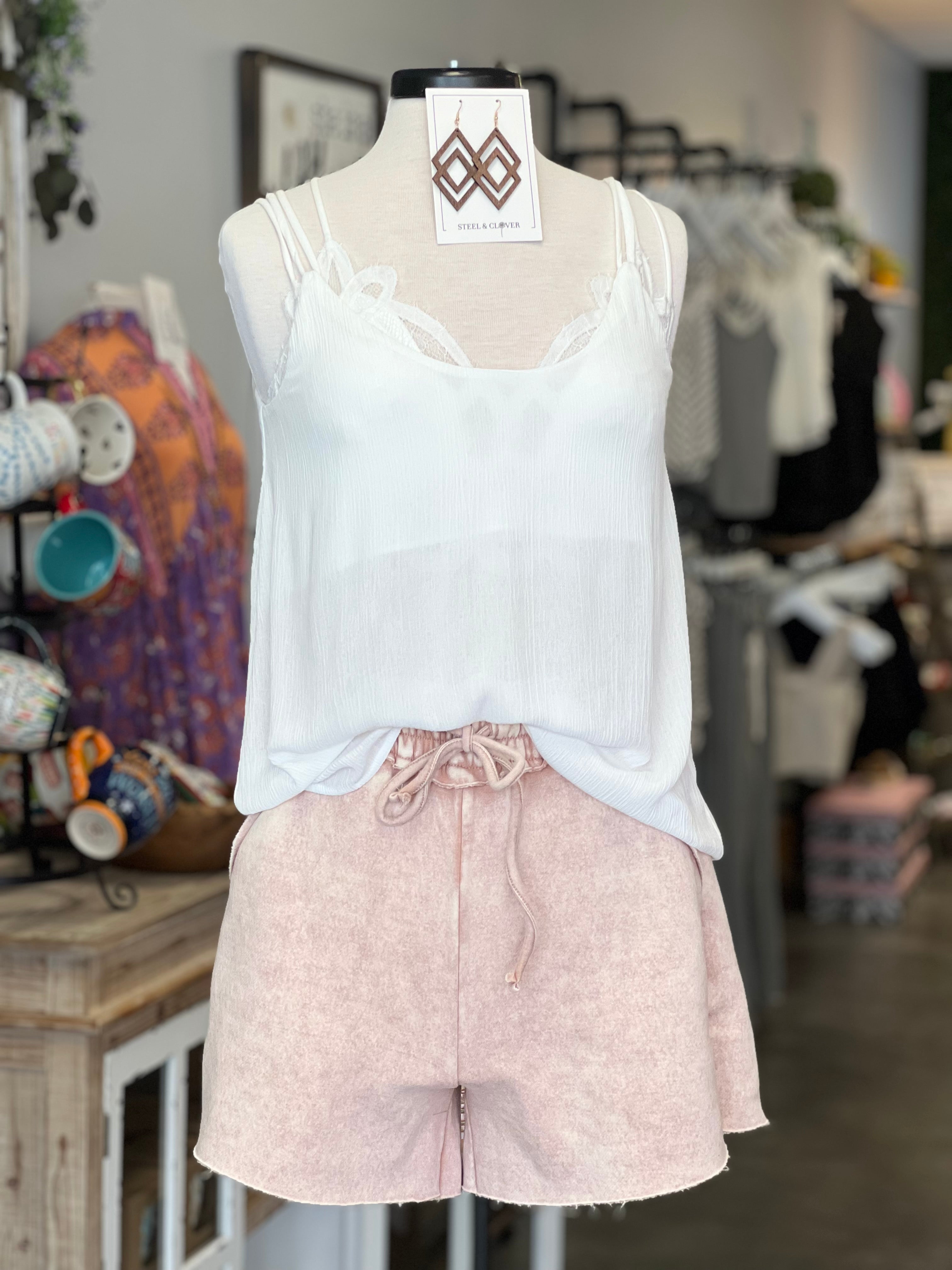 Acid Wash Drawstring Shorts  (S-L)(3 Colors)