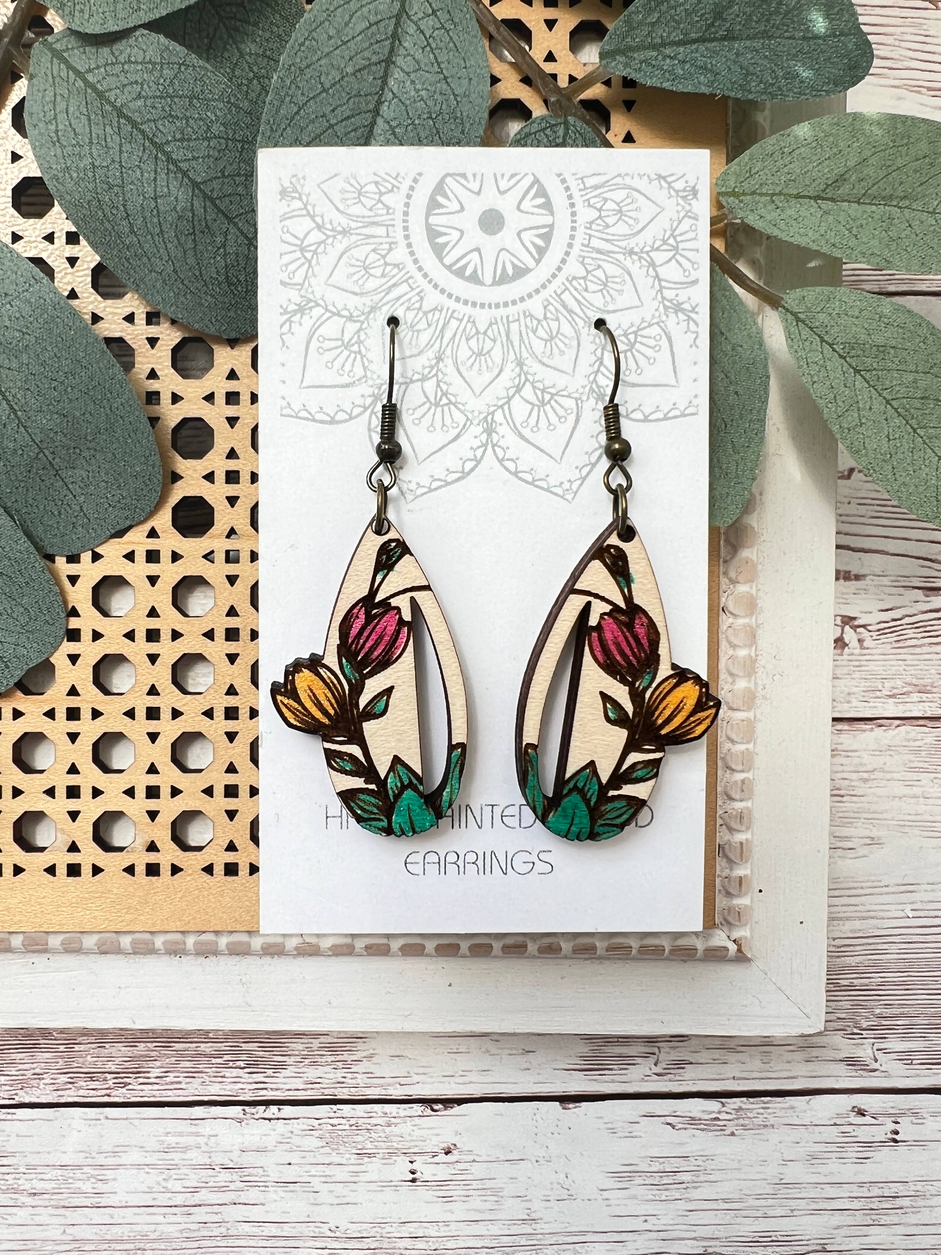 Boho tulips hand painted lightweight maple wood earrings