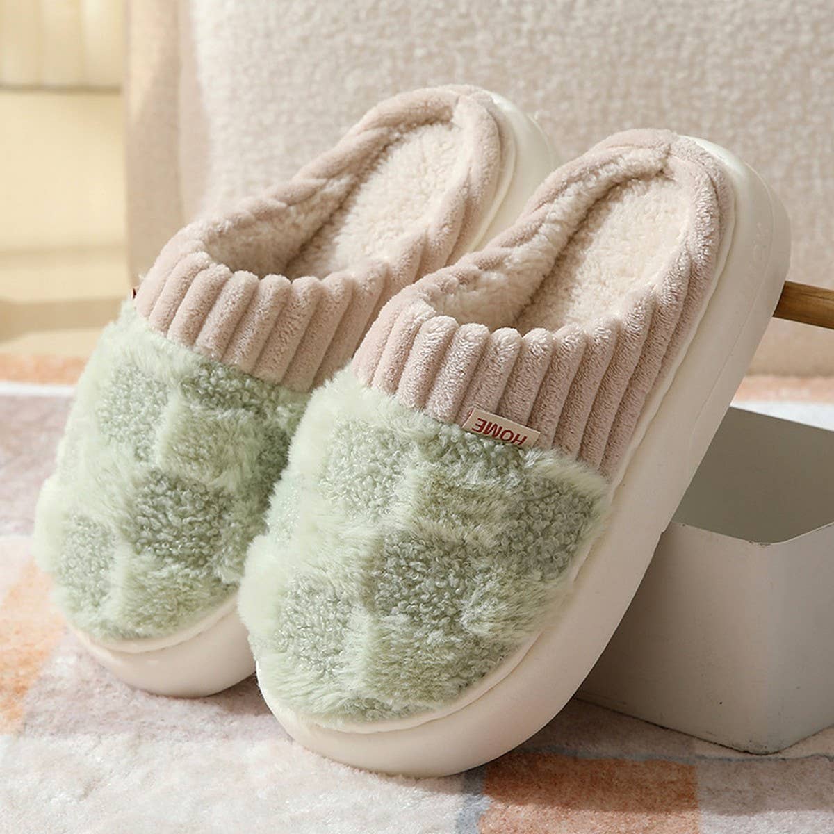Checkered Fuzzy Warm Slippers (3 Color Options)
