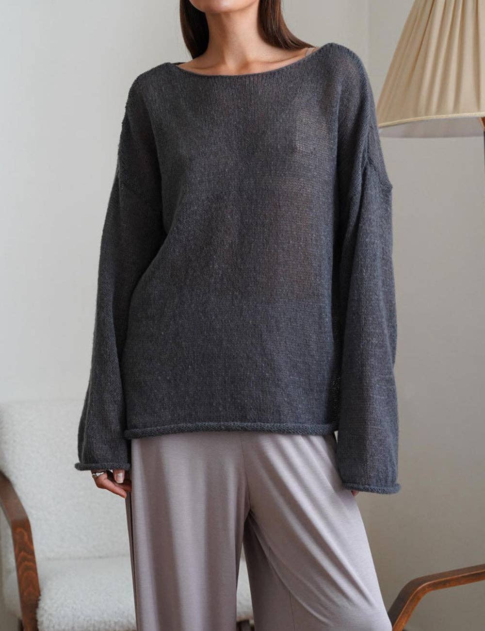 Solid Color Hollow Knit Top Apricot White (S-L)