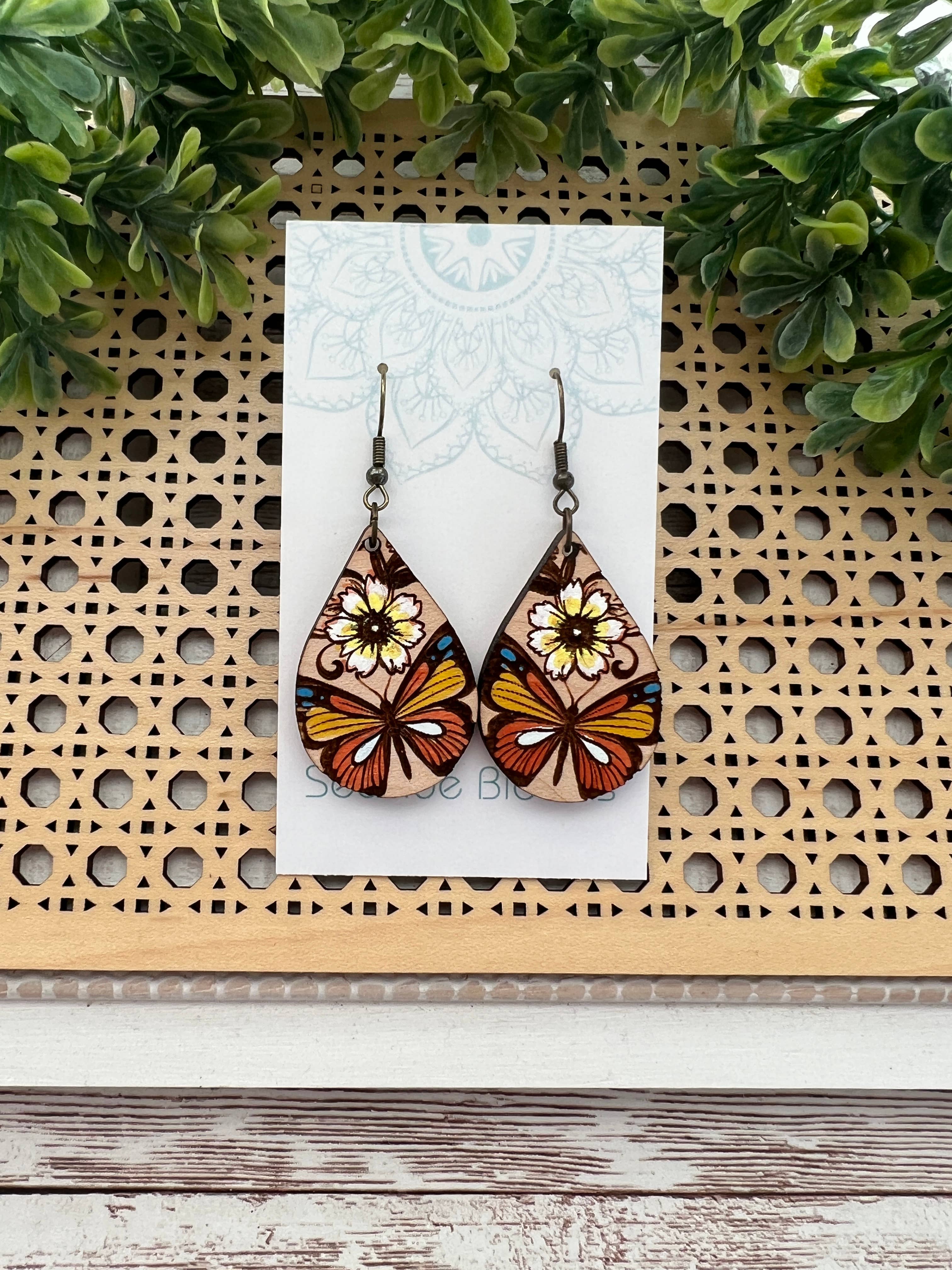 Butterfly hand painted maple wood earrings