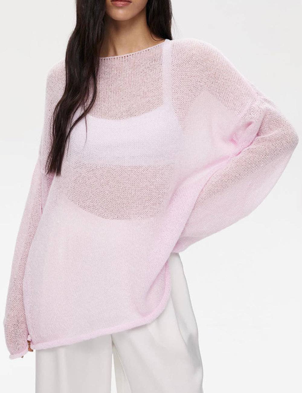Solid Color Hollow Knit Top Apricot White (S-L)