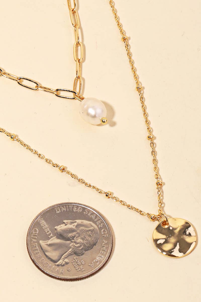 Layered Chain Pearl Charm Necklace