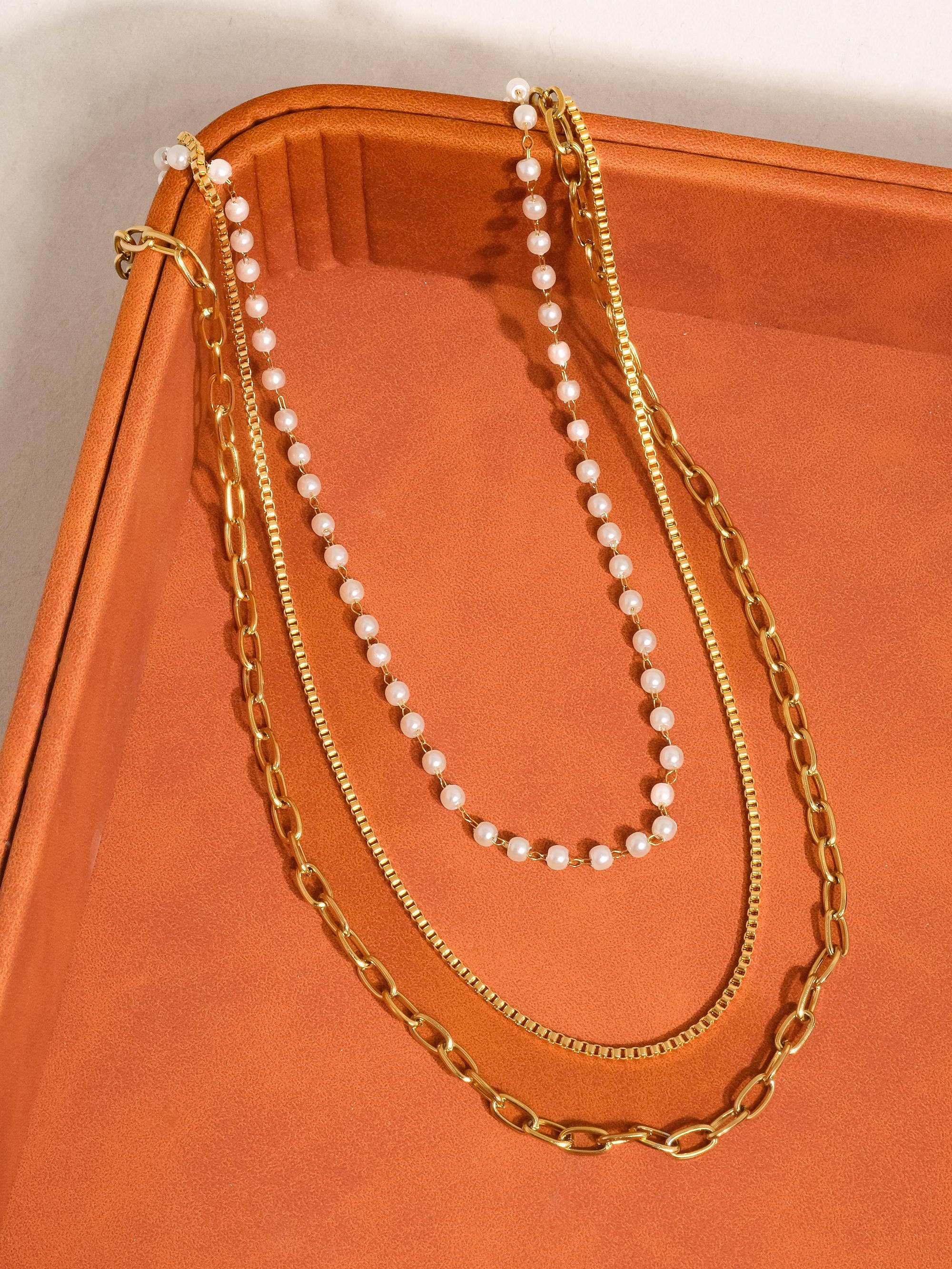 18K Gold Non-Tarnish Stacked Pearl Chain Necklace