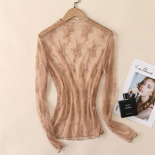 Floral Mesh Long Sleeve Lace Top (S-XL)(Multiple Color Options)
