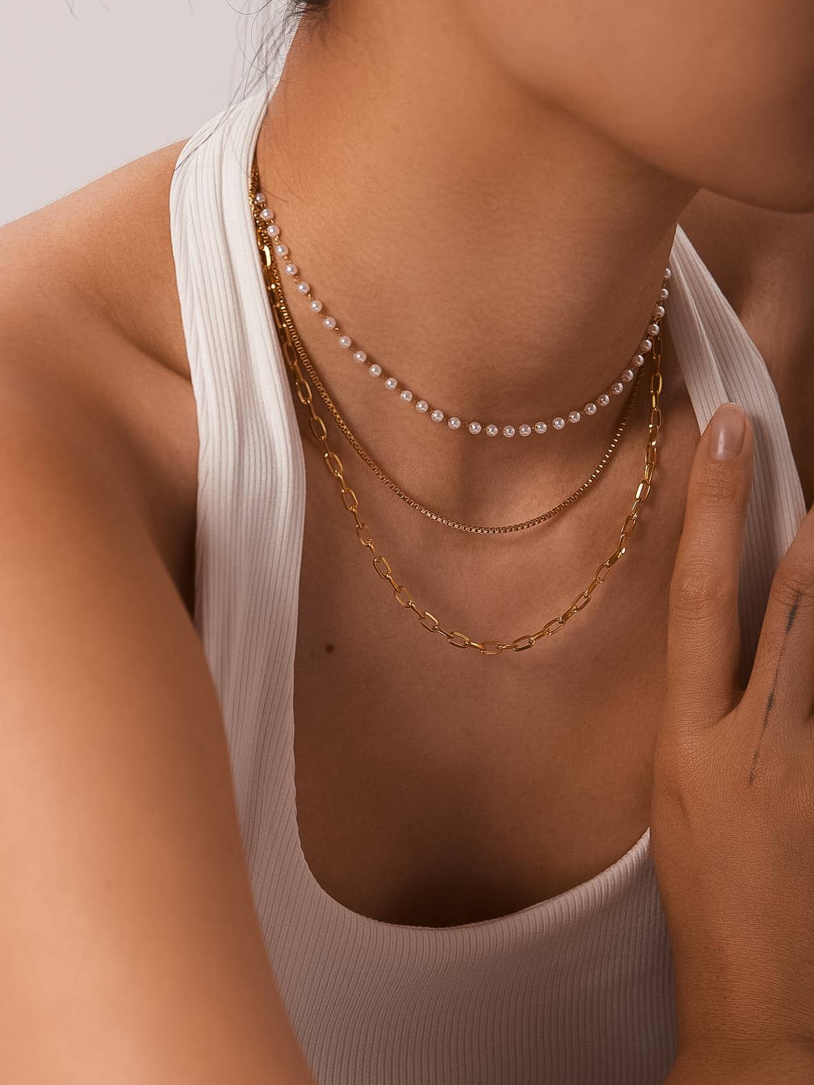 18K Gold Non-Tarnish Stacked Pearl Chain Necklace