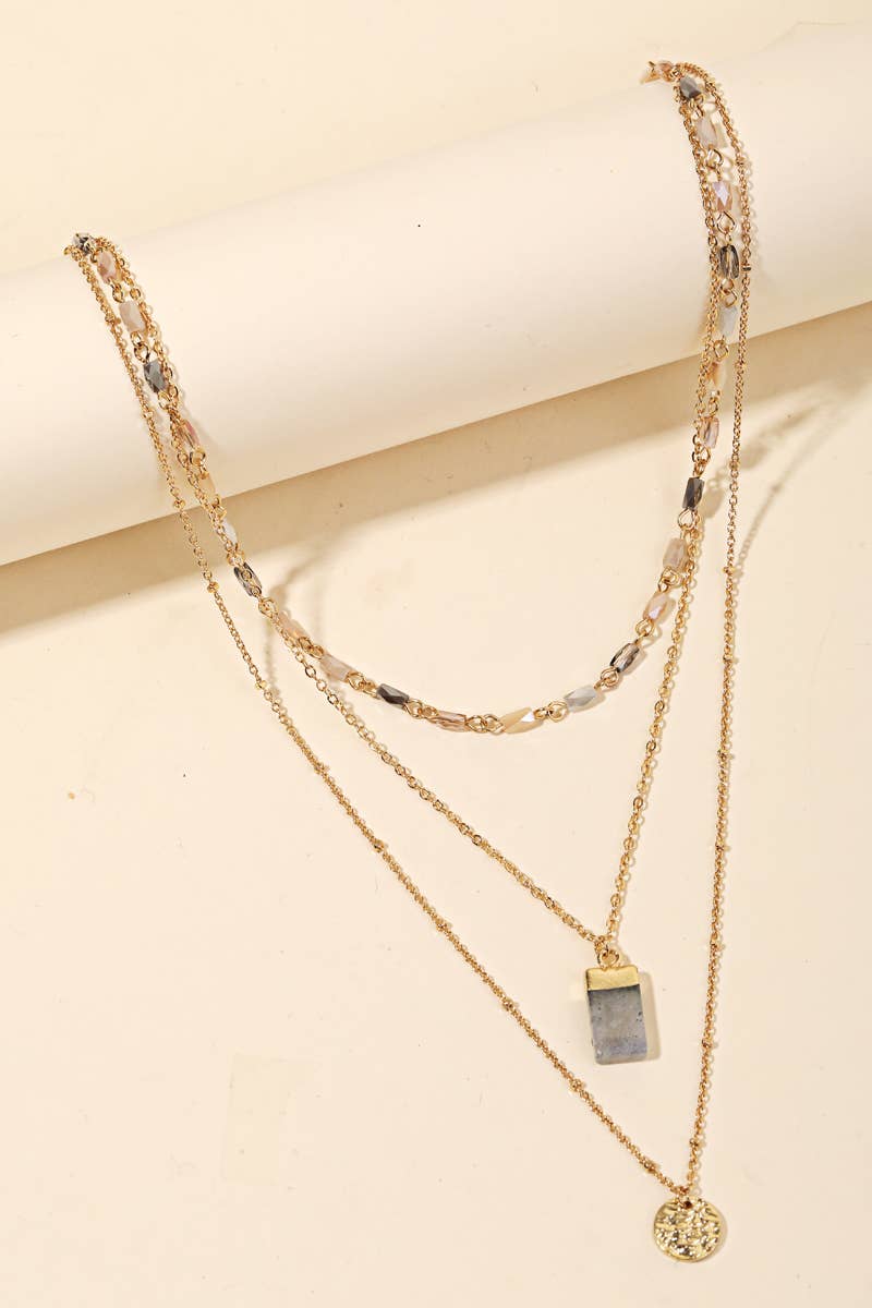 Dainty Chain Layered Rectangle Stone Charm Necklace