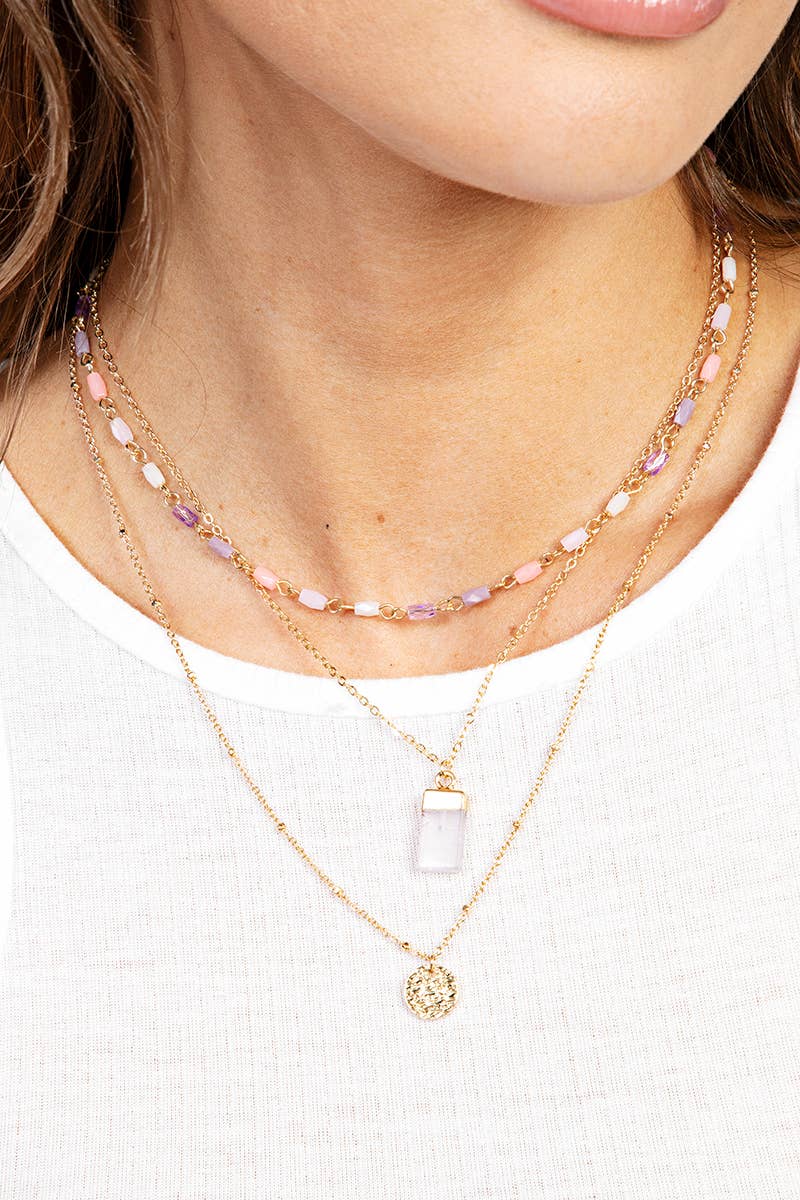 Dainty Chain Layered Rectangle Stone Charm Necklace