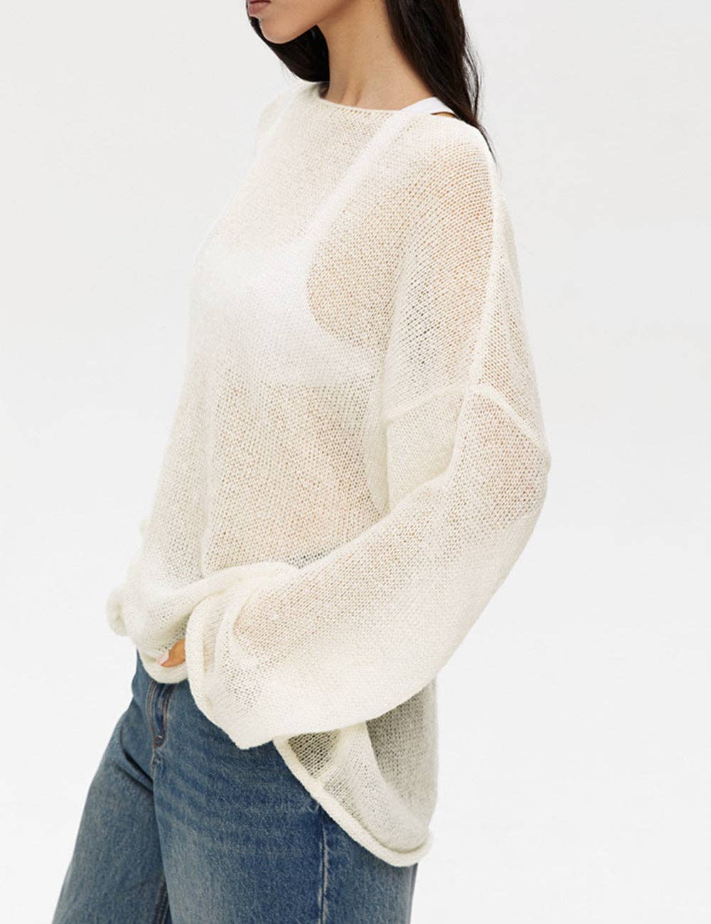 Solid Color Hollow Knit Top Apricot White (S-L)