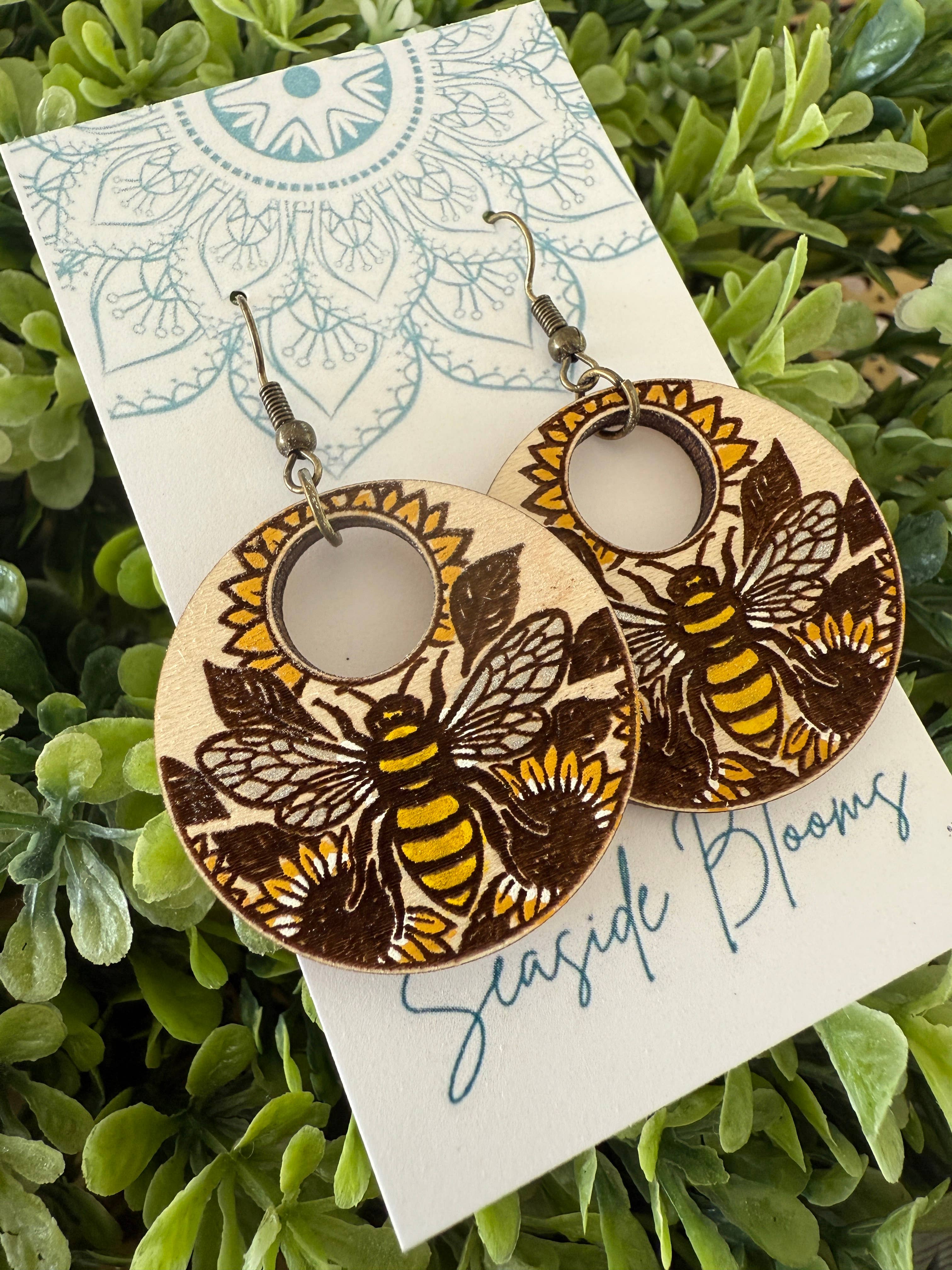 Boho Hand painted maple wood bee earrings