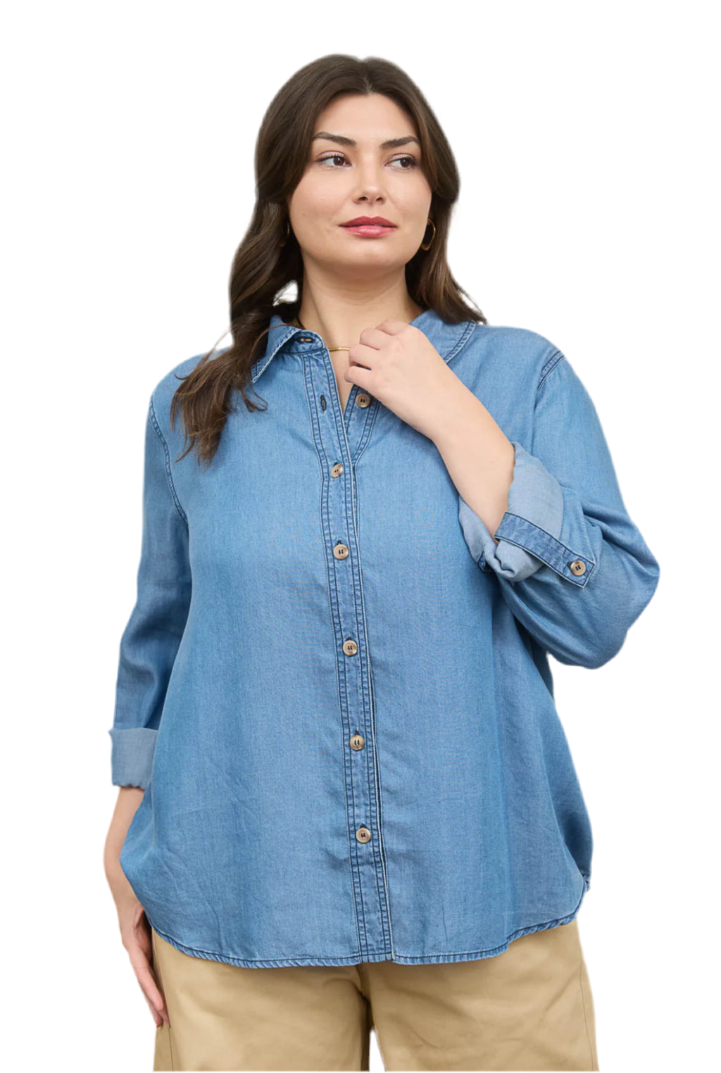 PLUS CHAMBRAY COLLARED 3/4 TAB SLEEVE SHIRT (1X-3X)