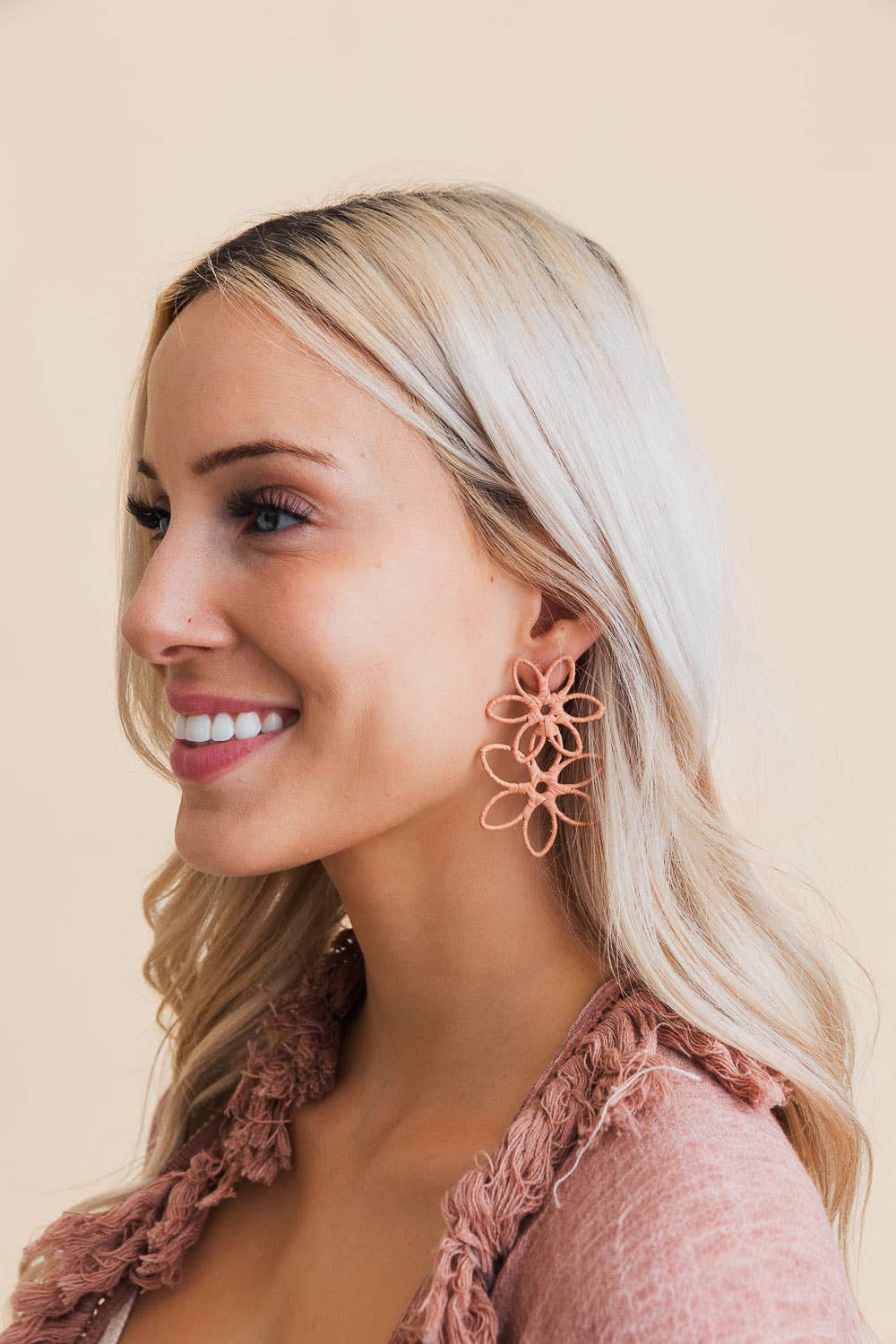 SALE! Double Raffia Flower Drop Earrings