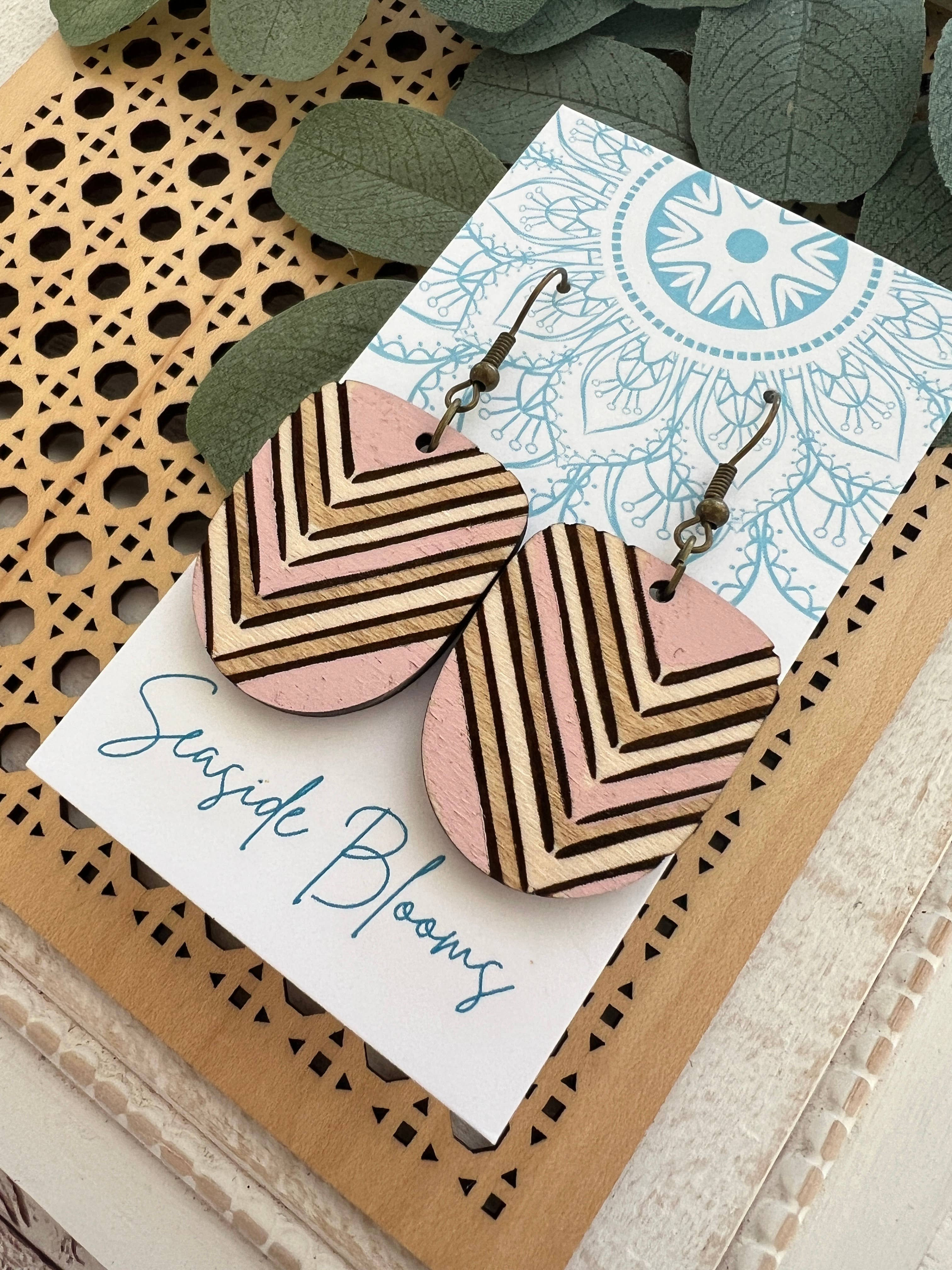 Boho pink hand painted lightweight wood earrings
