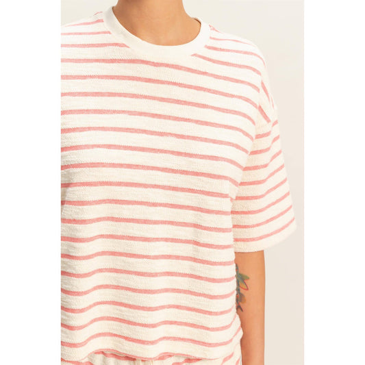 Striped Short Sleeve Terry Crew Neck Top(S-L)