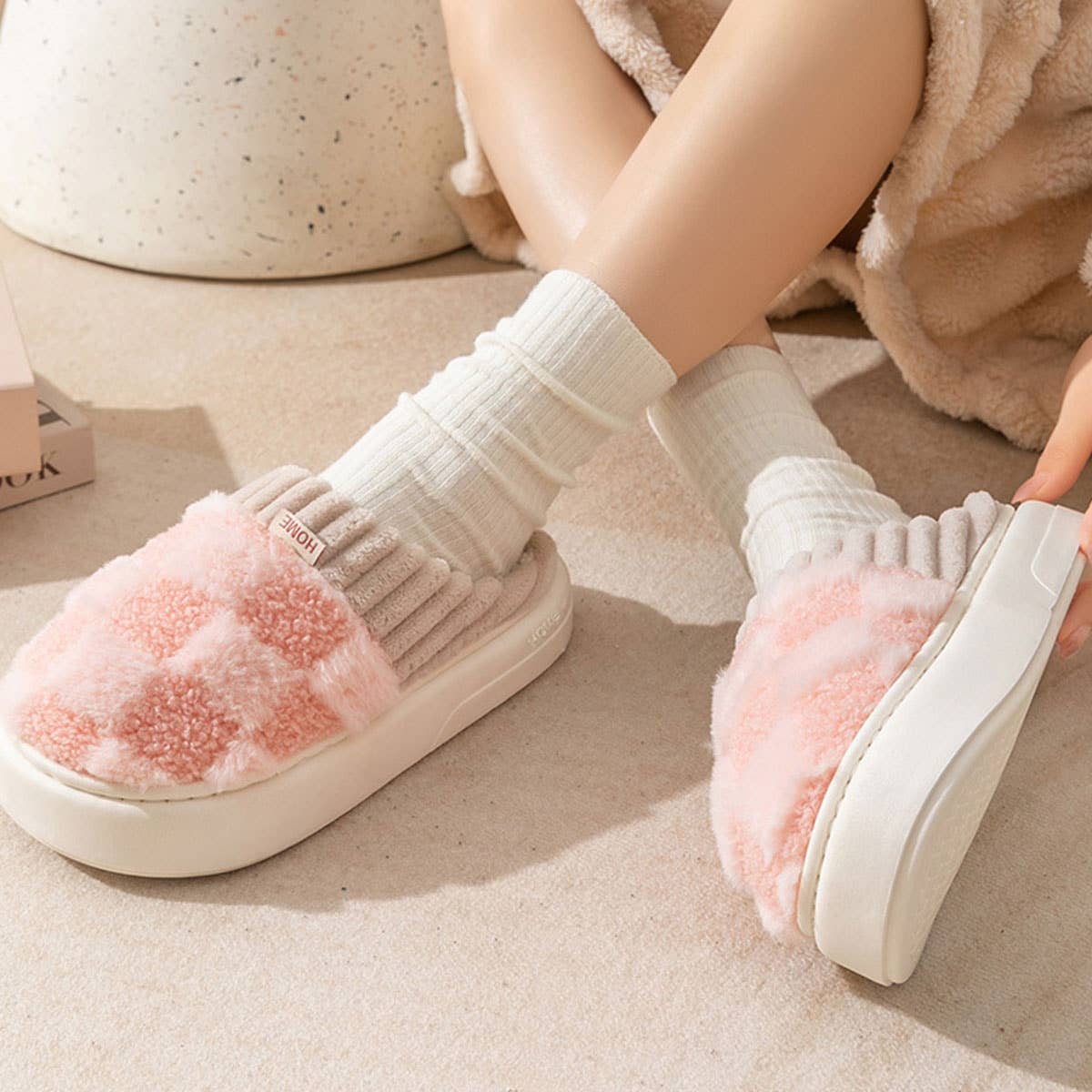 Checkered Fuzzy Warm Slippers (3 Color Options)