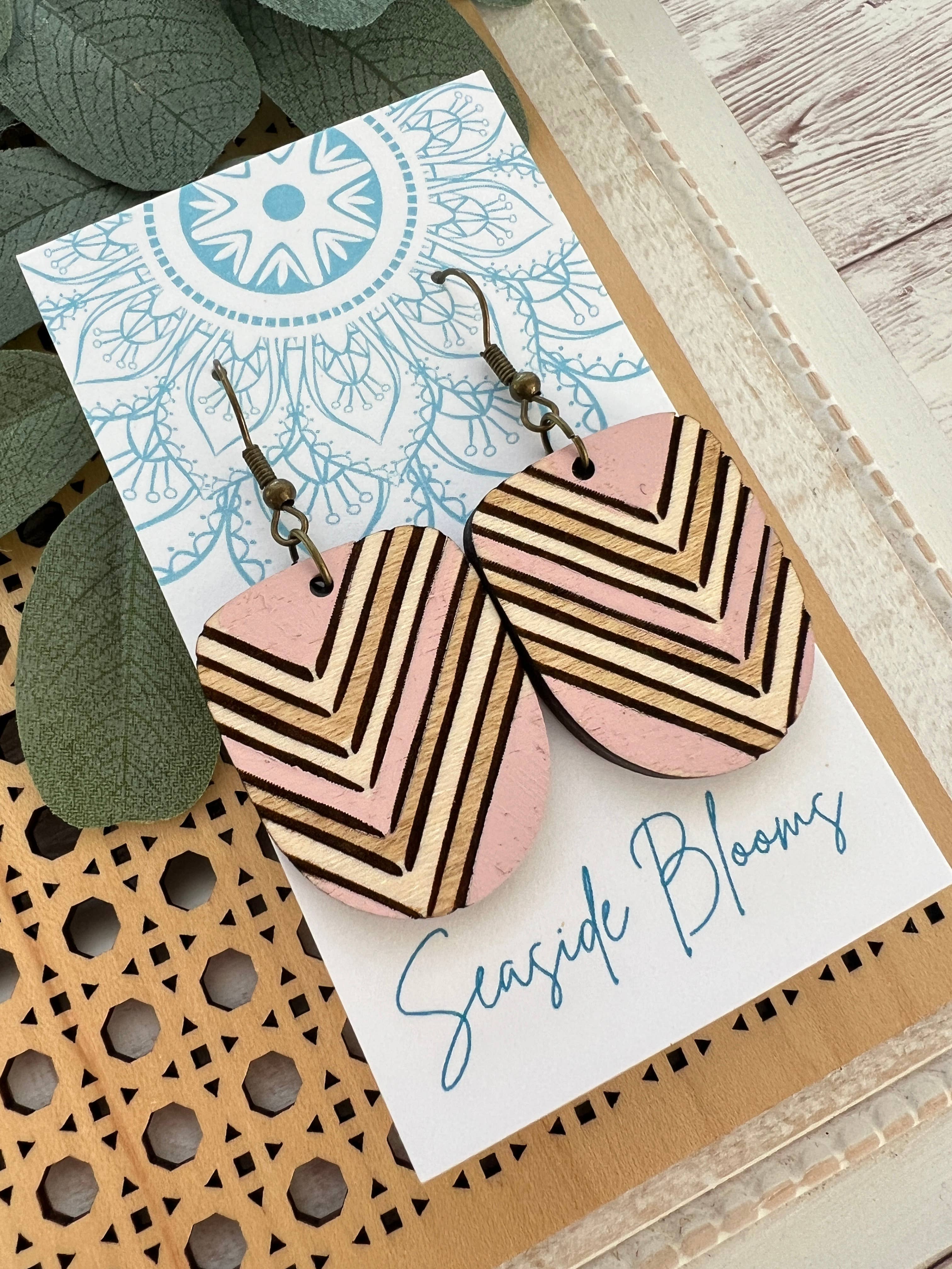 Boho pink hand painted lightweight wood earrings