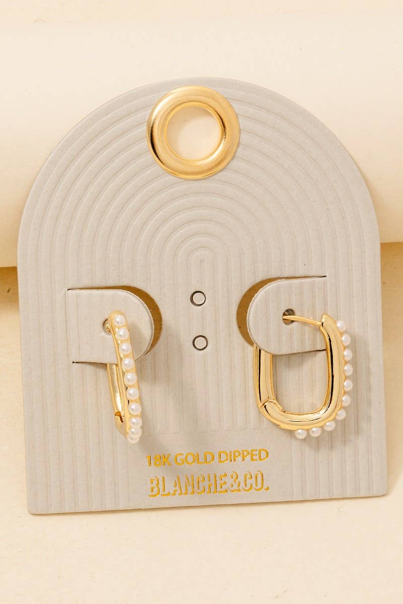 Gold Dipped Pearl Studded Rectangle Hoop Earrings