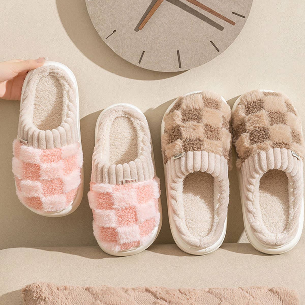Checkered Fuzzy Warm Slippers (3 Color Options)