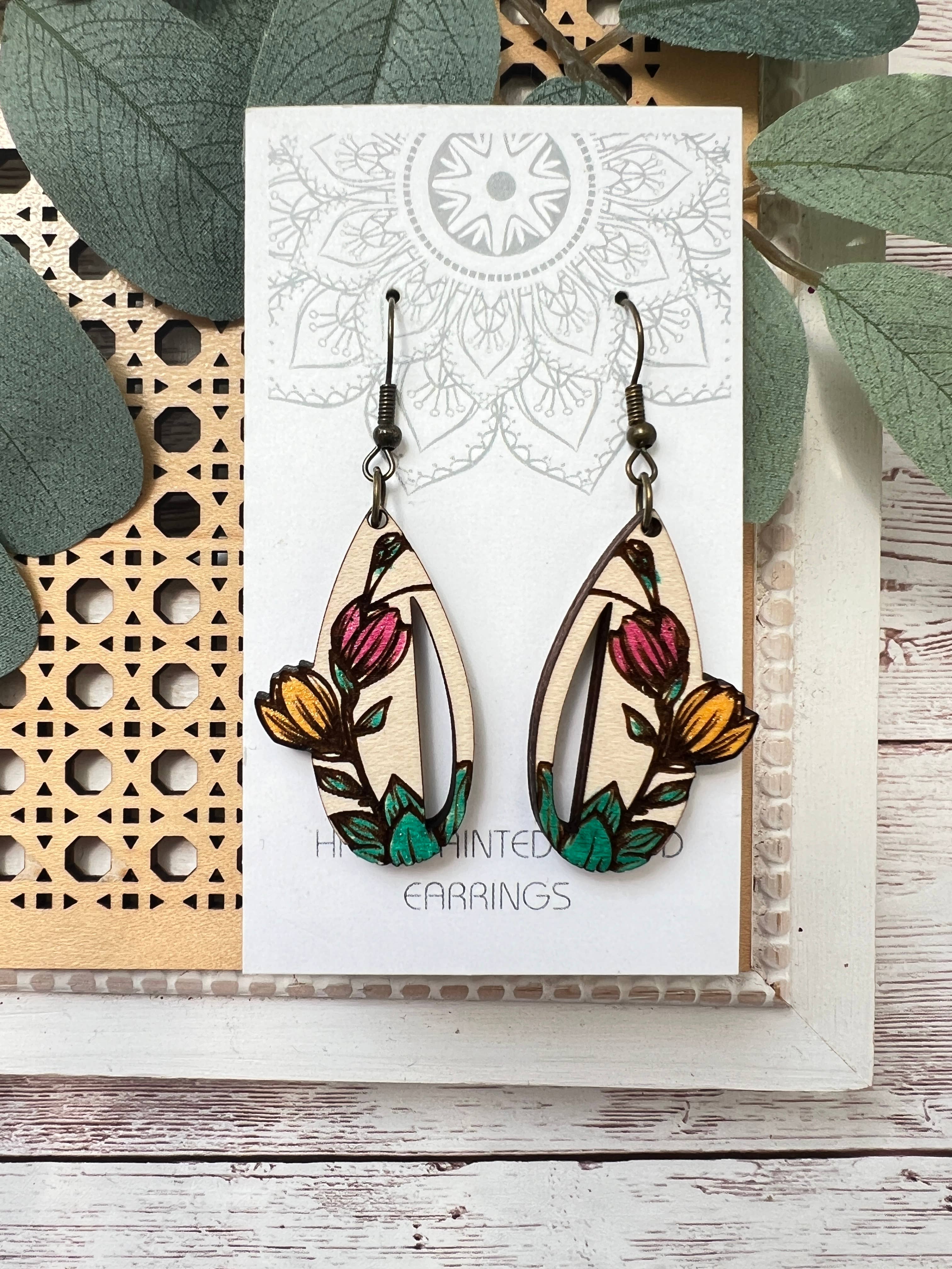 Boho tulips hand painted lightweight maple wood earrings
