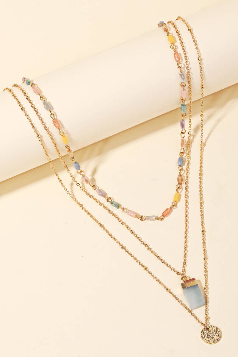 Dainty Chain Layered Rectangle Stone Charm Necklace