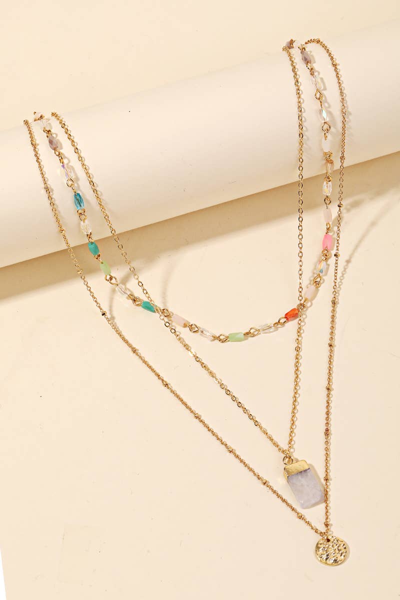 Dainty Chain Layered Rectangle Stone Charm Necklace