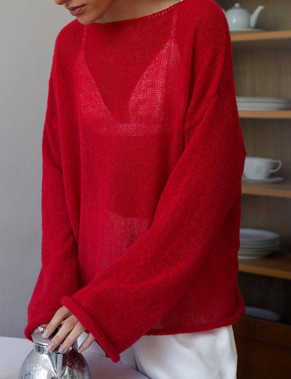 Solid Color Hollow Knit Top Apricot White (S-L)