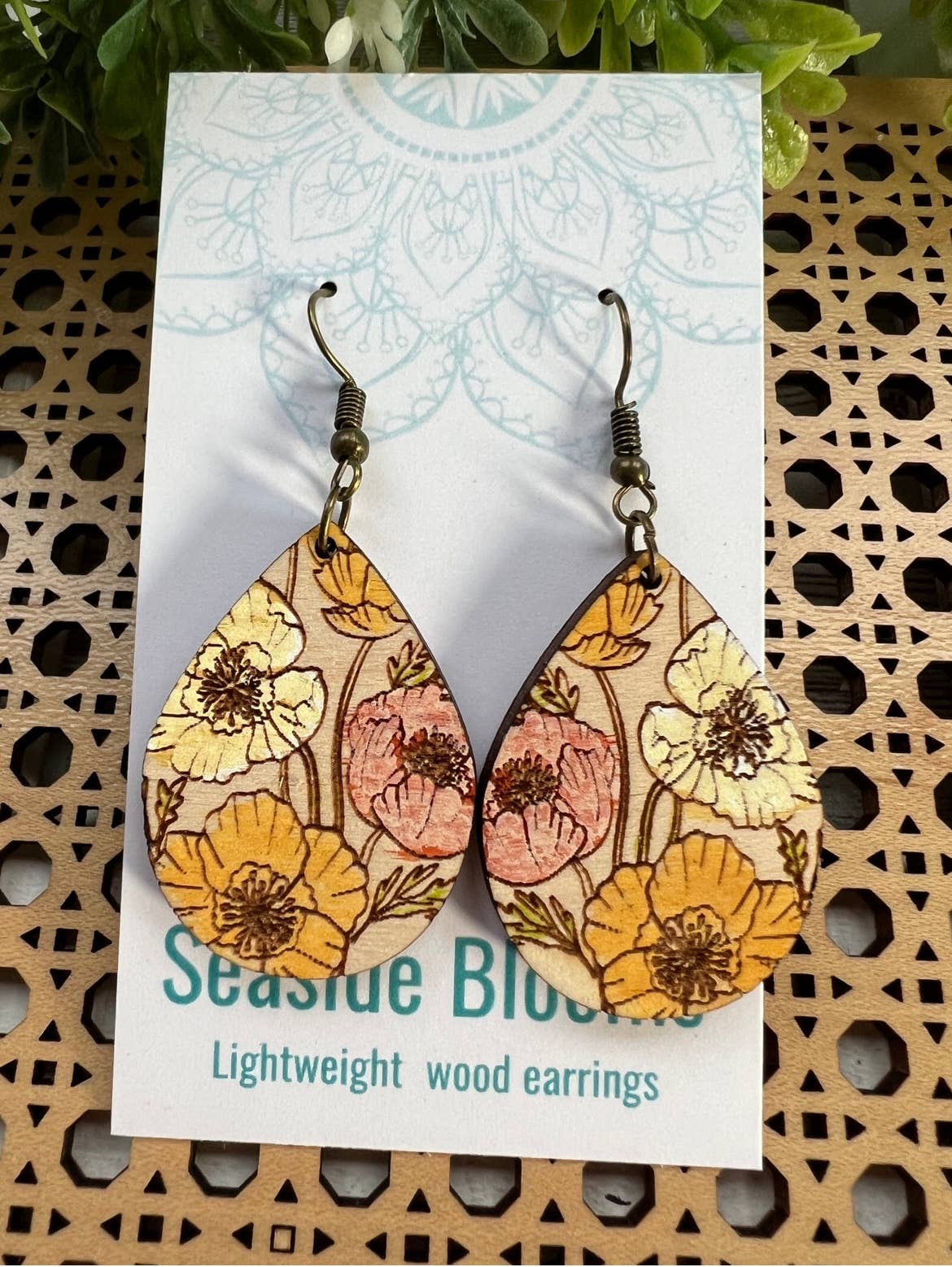 Boho floral hand painted maple wood floral earrings