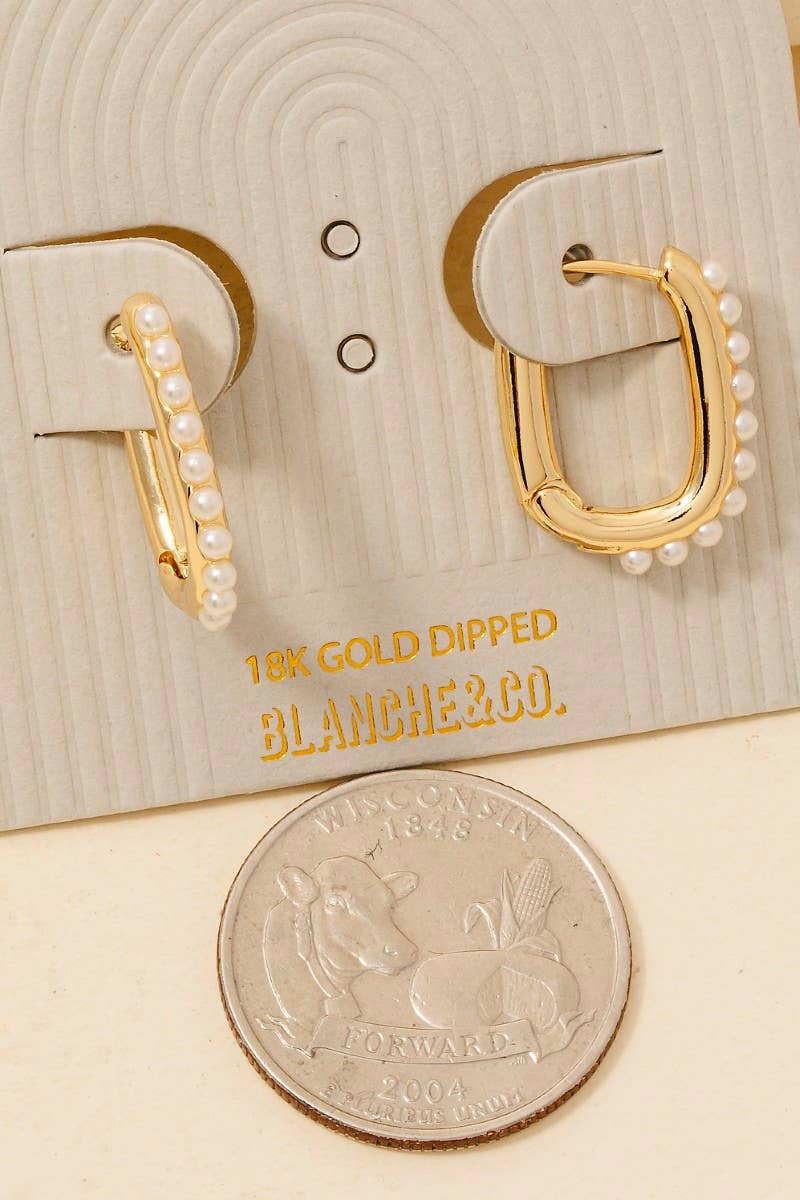 Gold Dipped Pearl Studded Rectangle Hoop Earrings