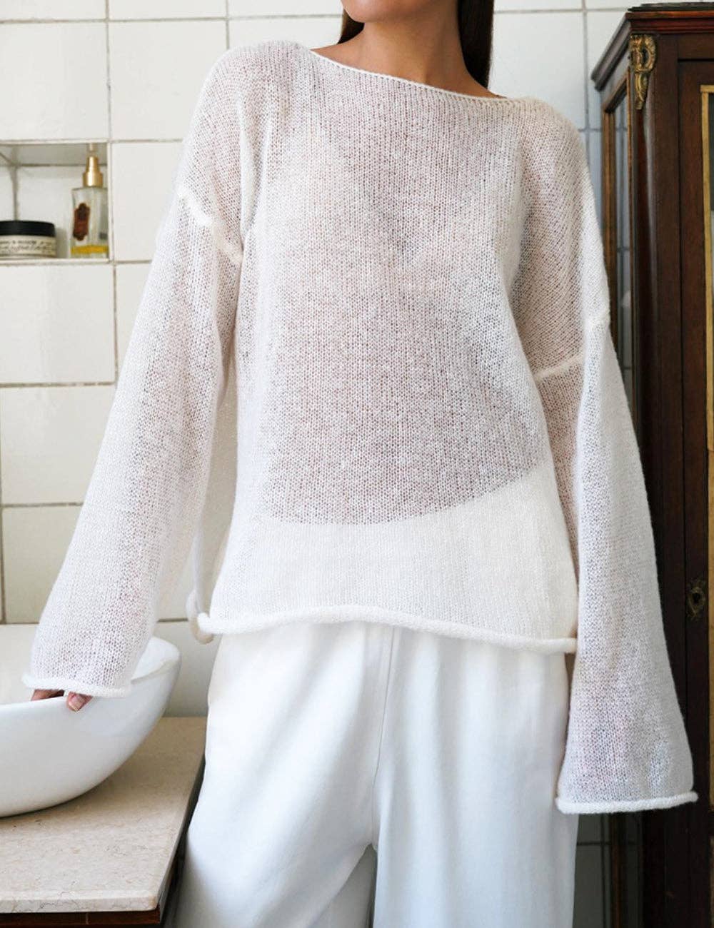 Solid Color Hollow Knit Top Apricot White (S-L)