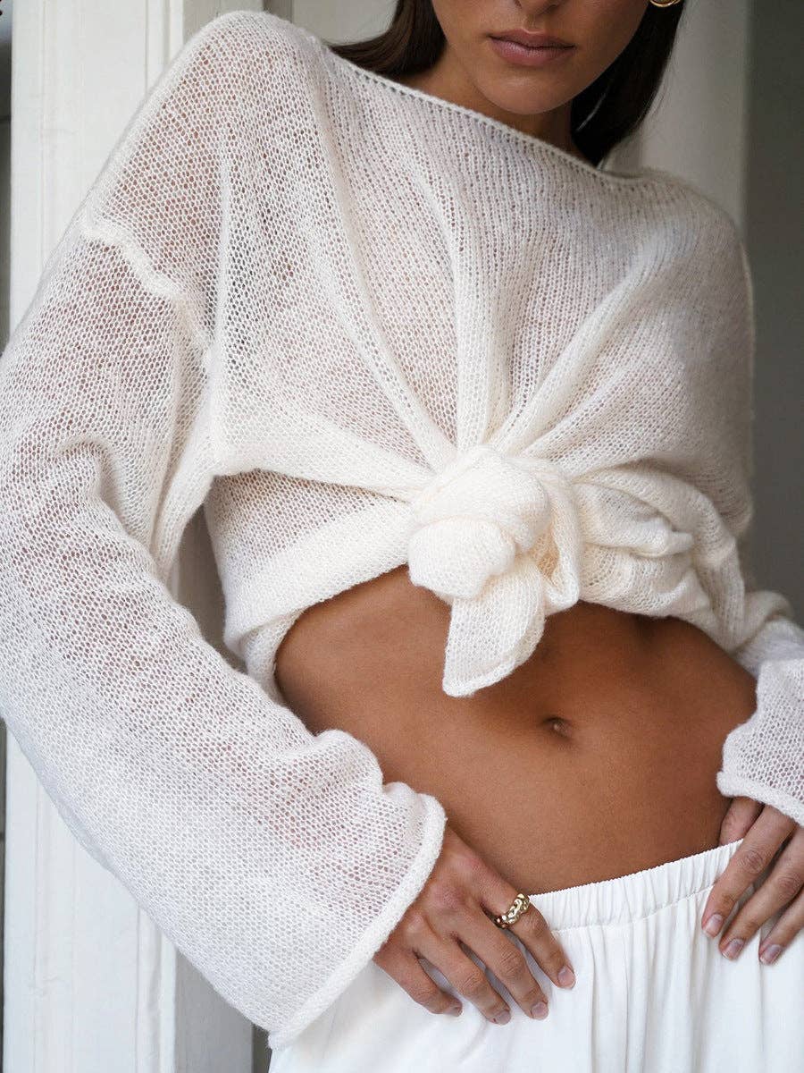 Solid Color Hollow Knit Top Apricot White (S-L)