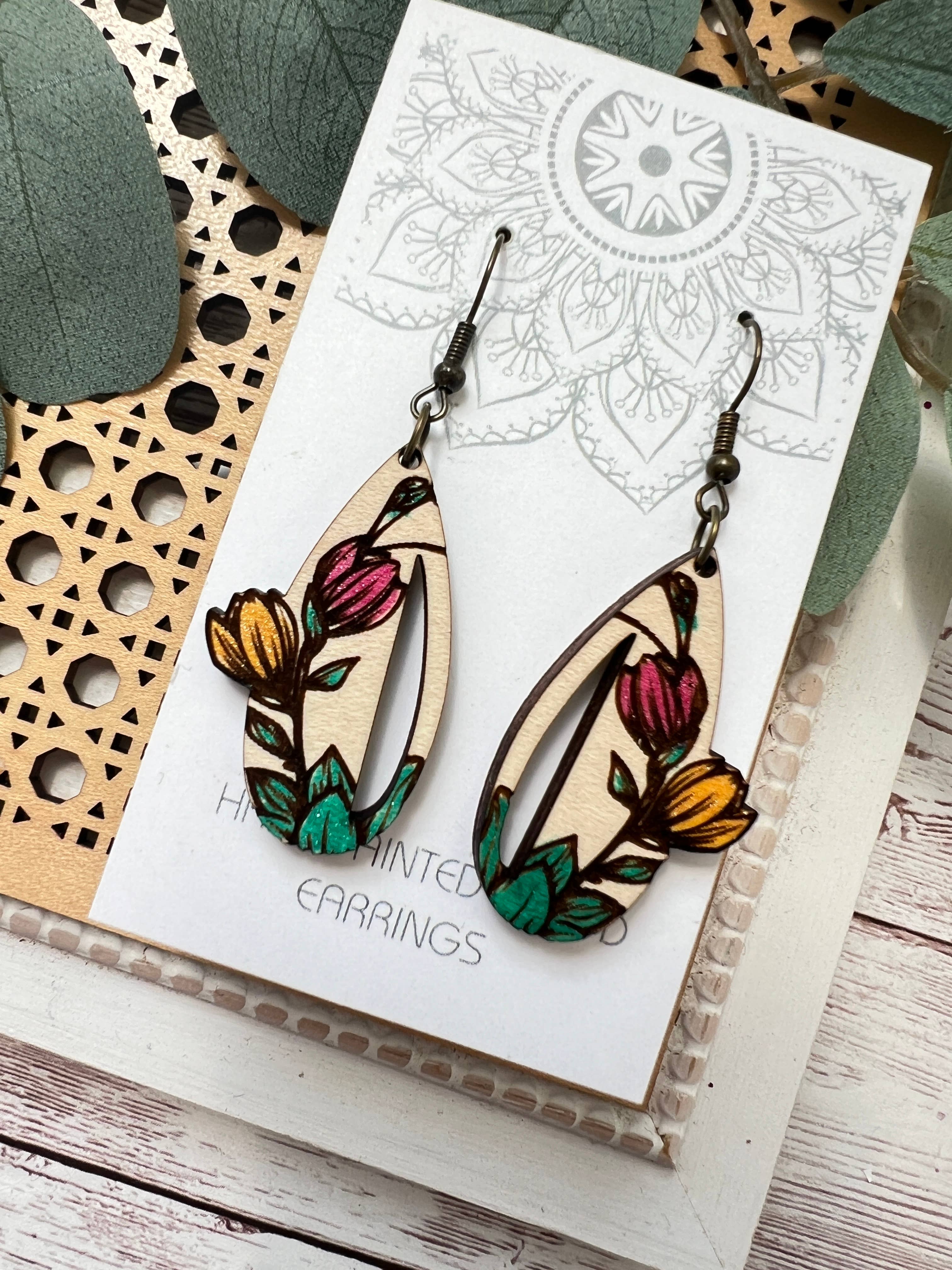 Boho tulips hand painted lightweight maple wood earrings