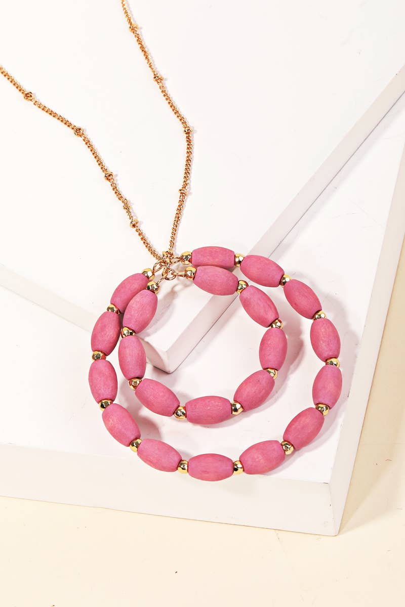 Wooden Bead Circle Pendant Long Necklace