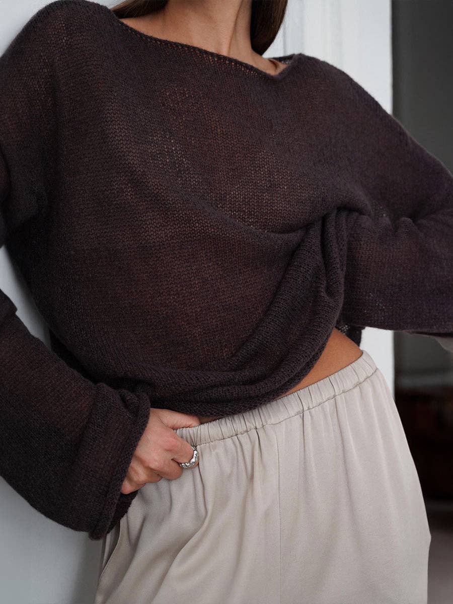 Solid Color Hollow Knit Top Apricot White (S-L)