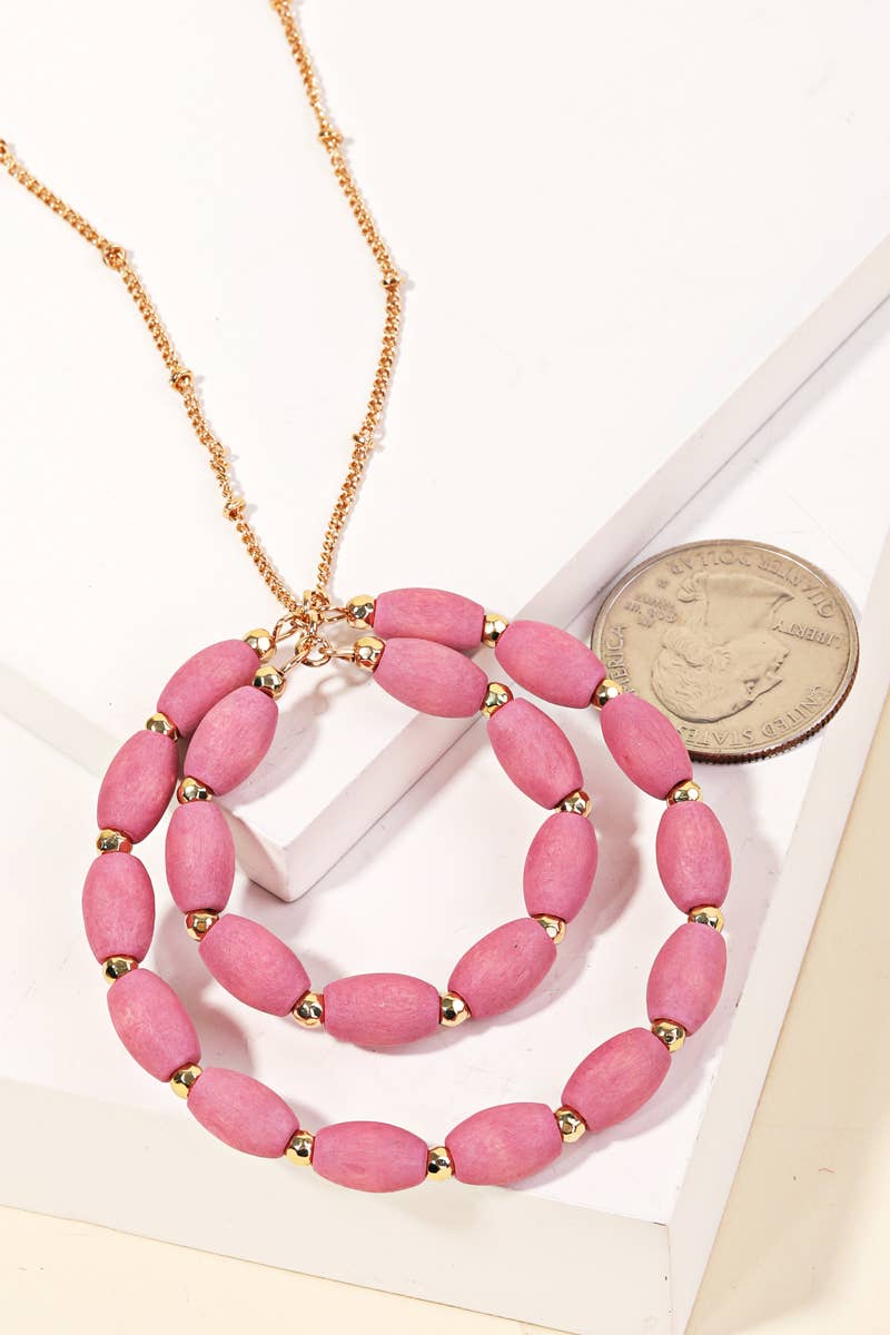 Wooden Bead Circle Pendant Long Necklace