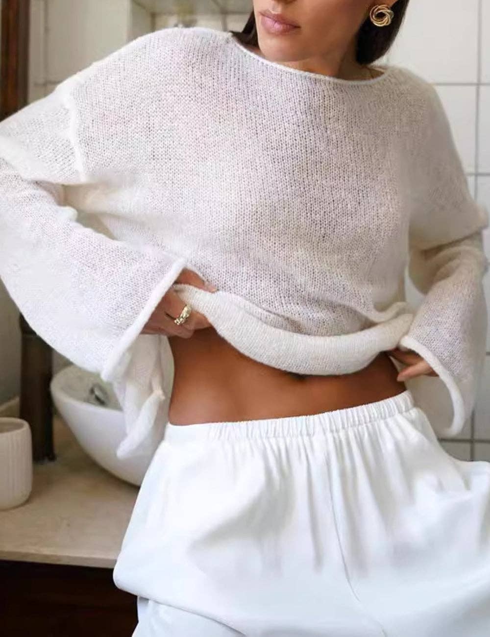 Solid Color Hollow Knit Top Apricot White (S-L)