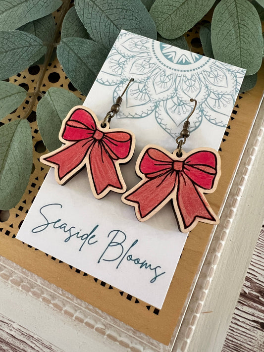 Bow hand painted lightweight maple wood bow earrings