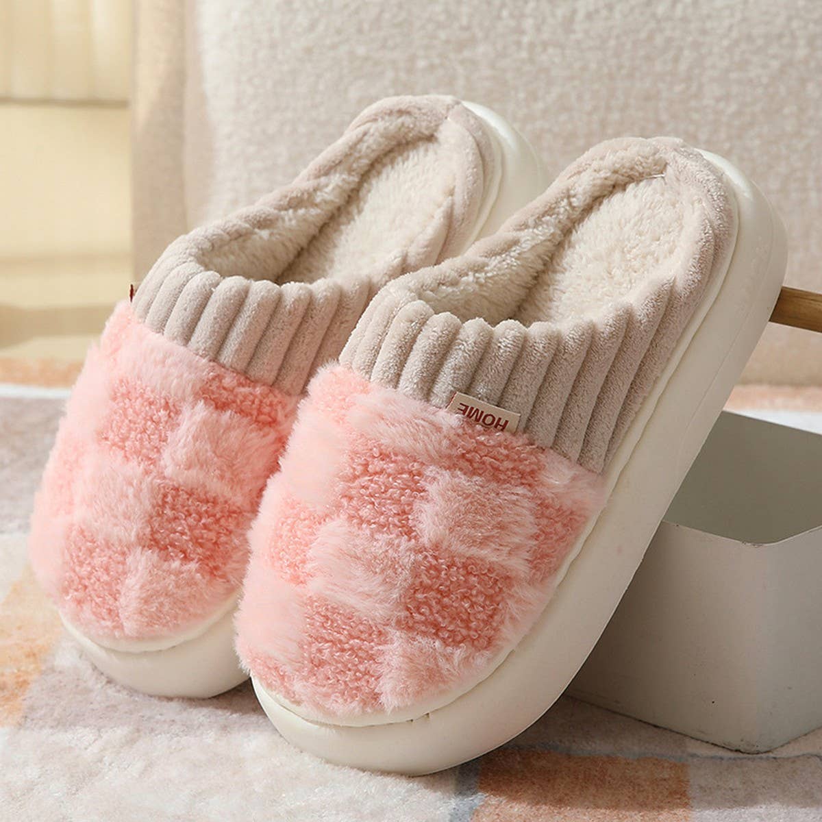 Checkered Fuzzy Warm Slippers (3 Color Options)