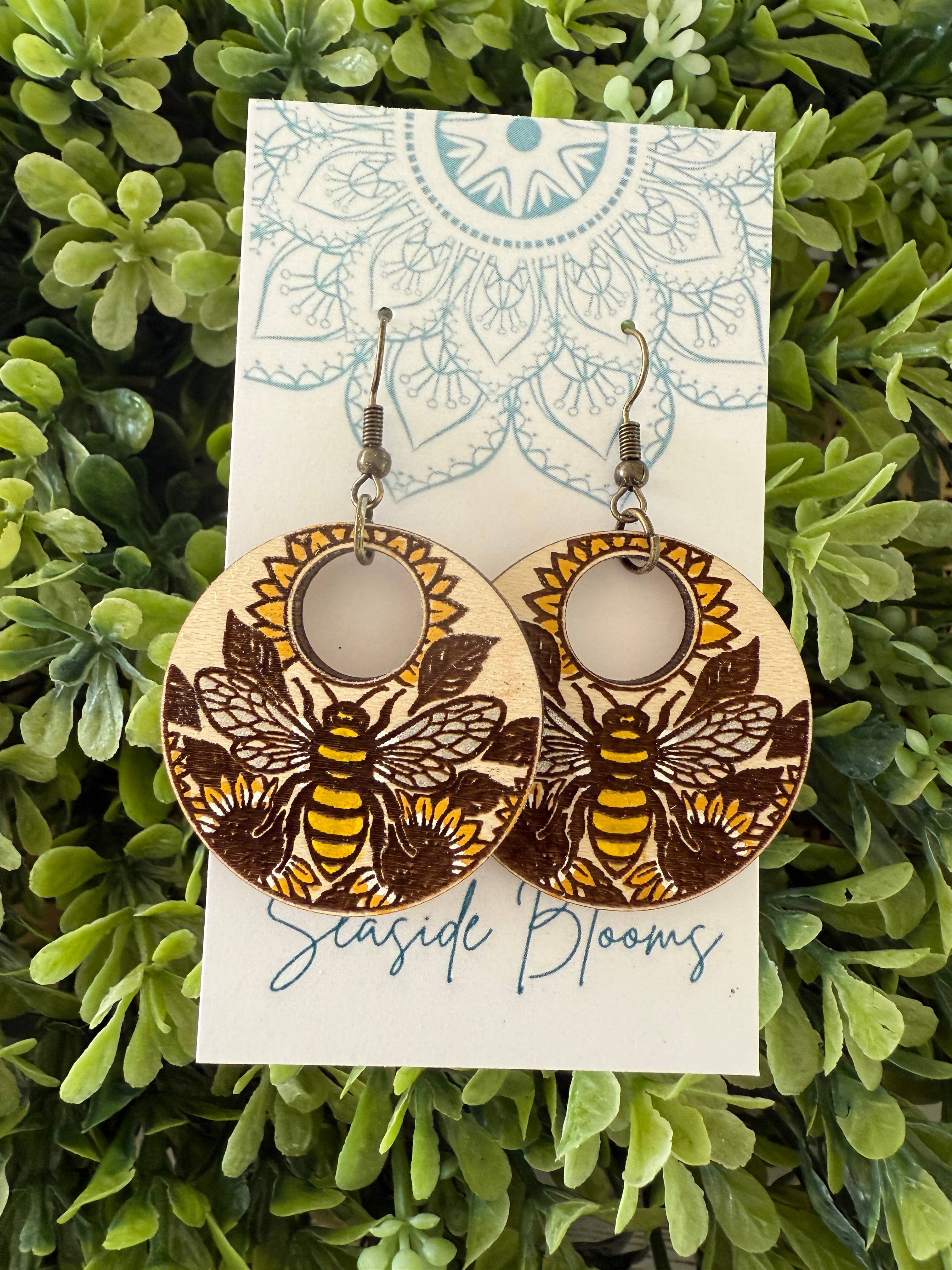 Boho Hand painted maple wood bee earrings