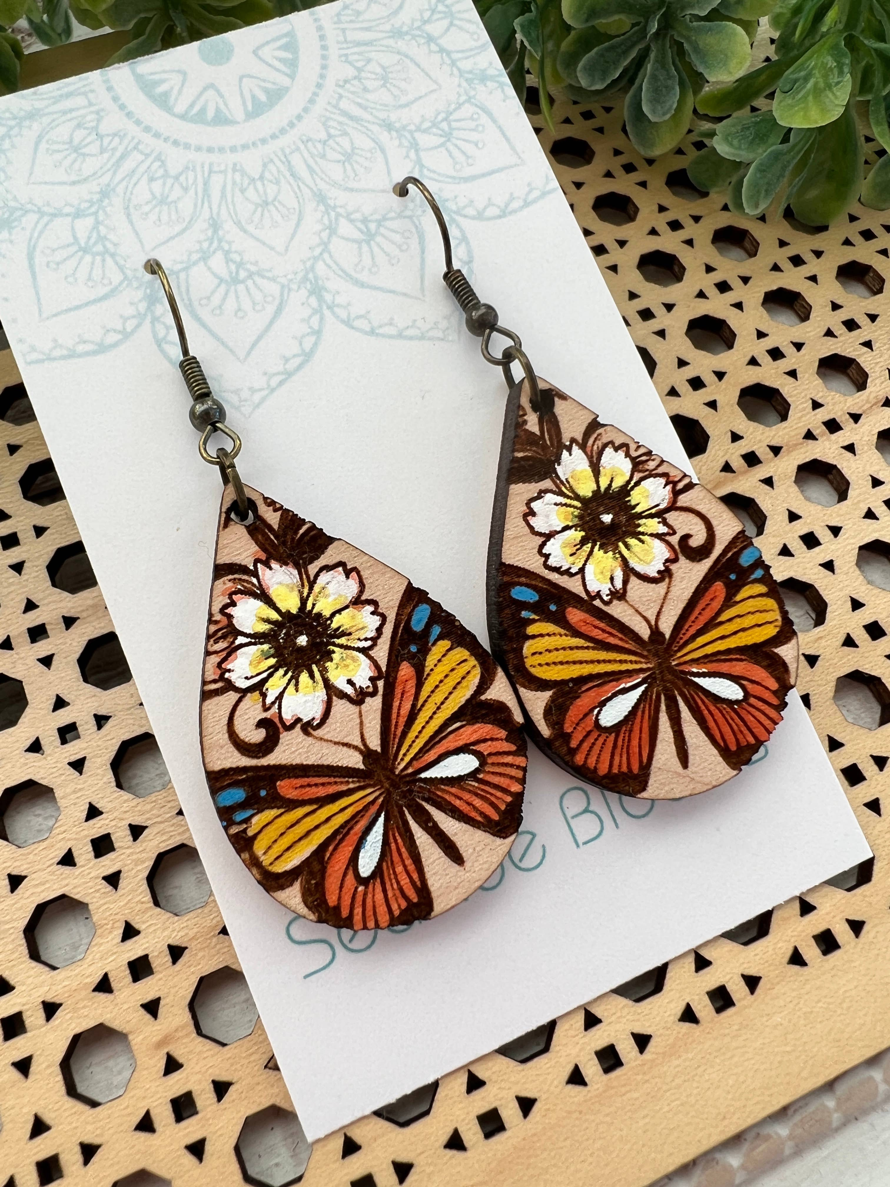 Butterfly hand painted maple wood earrings