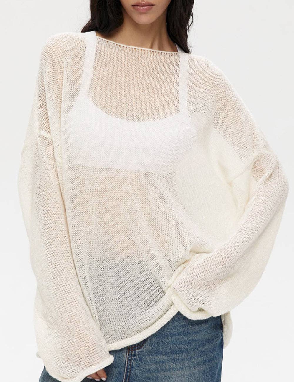 Solid Color Hollow Knit Top Apricot White (S-L)