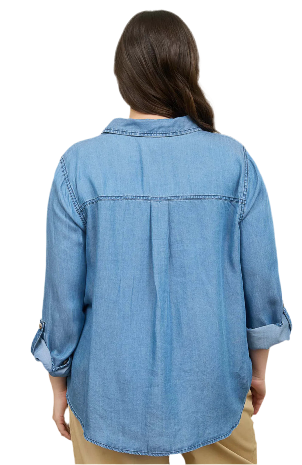 PLUS CHAMBRAY COLLARED 3/4 TAB SLEEVE SHIRT (1X-3X)