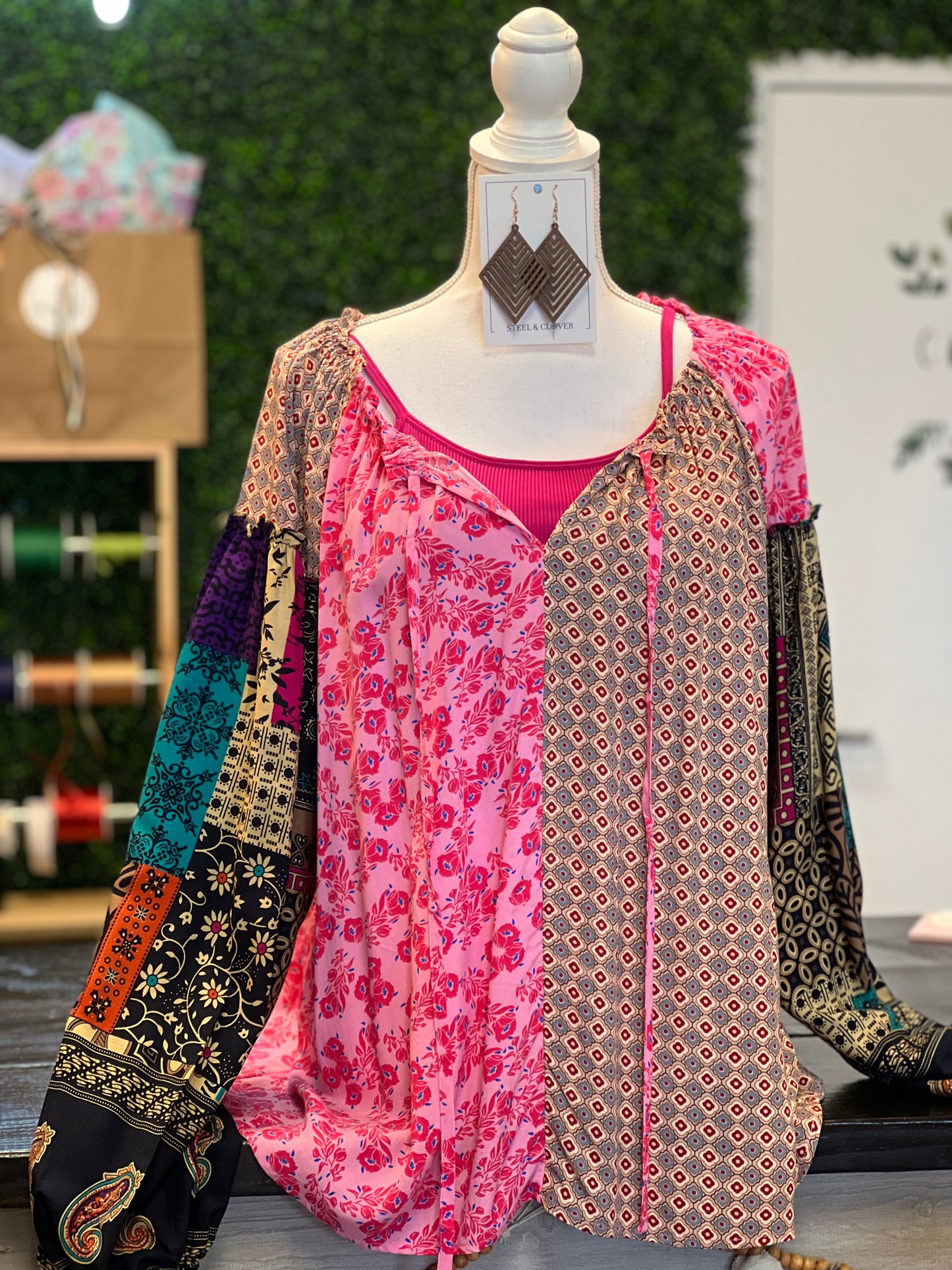 Floral Print Bubble Sleeve Blouse (PLUS)