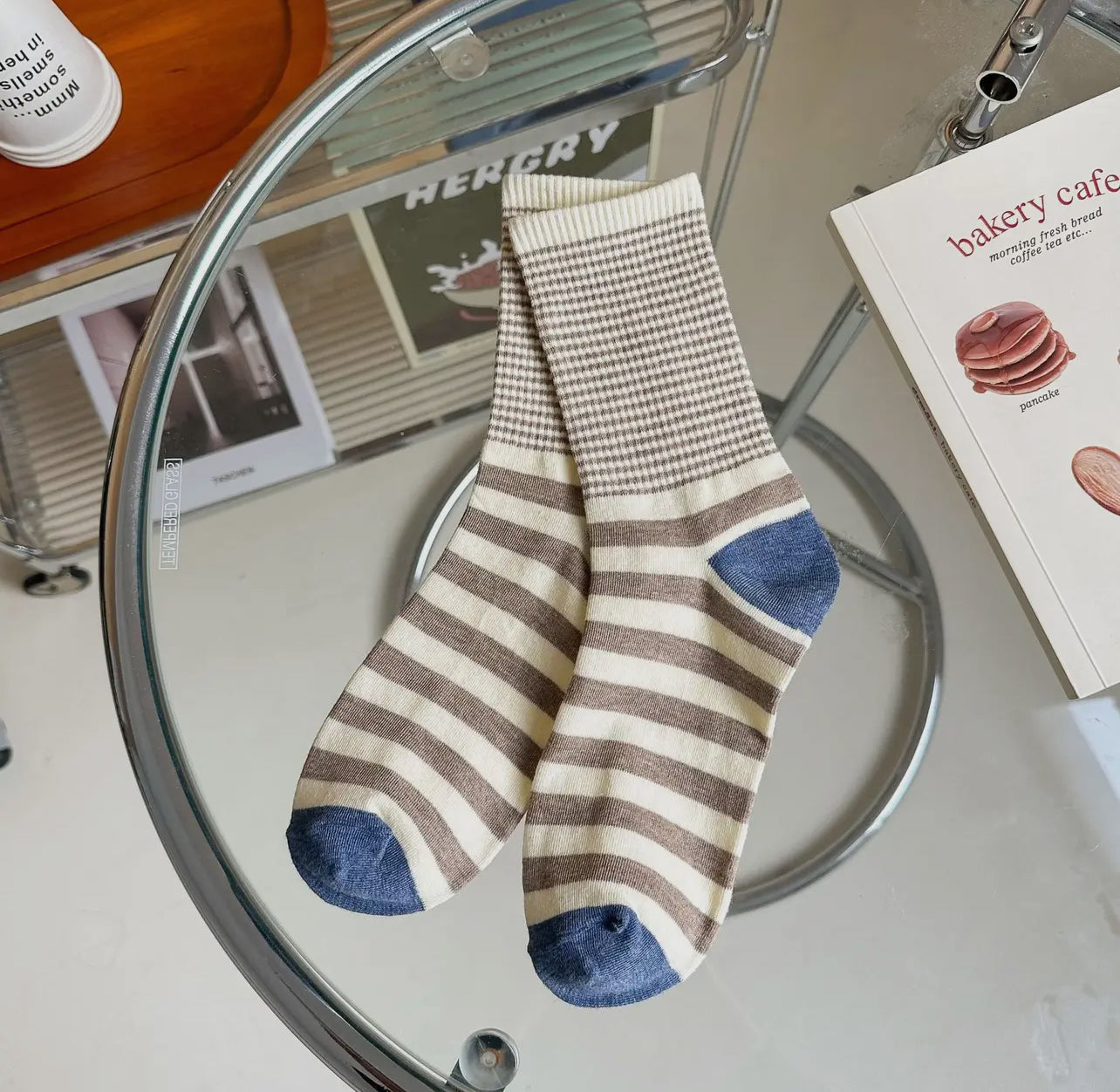 Stripe Pattern Cotton Crew Socks for Women