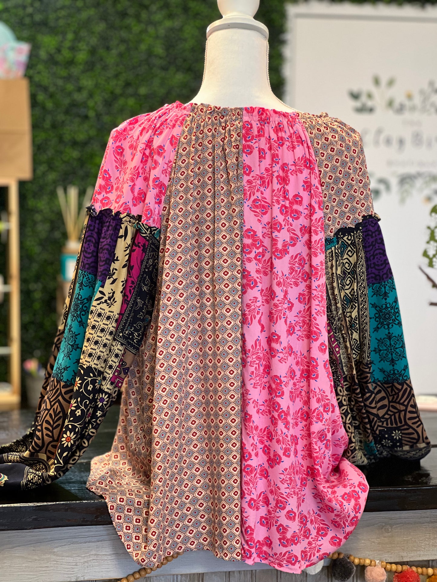 Floral Print Bubble Sleeve Blouse (PLUS)
