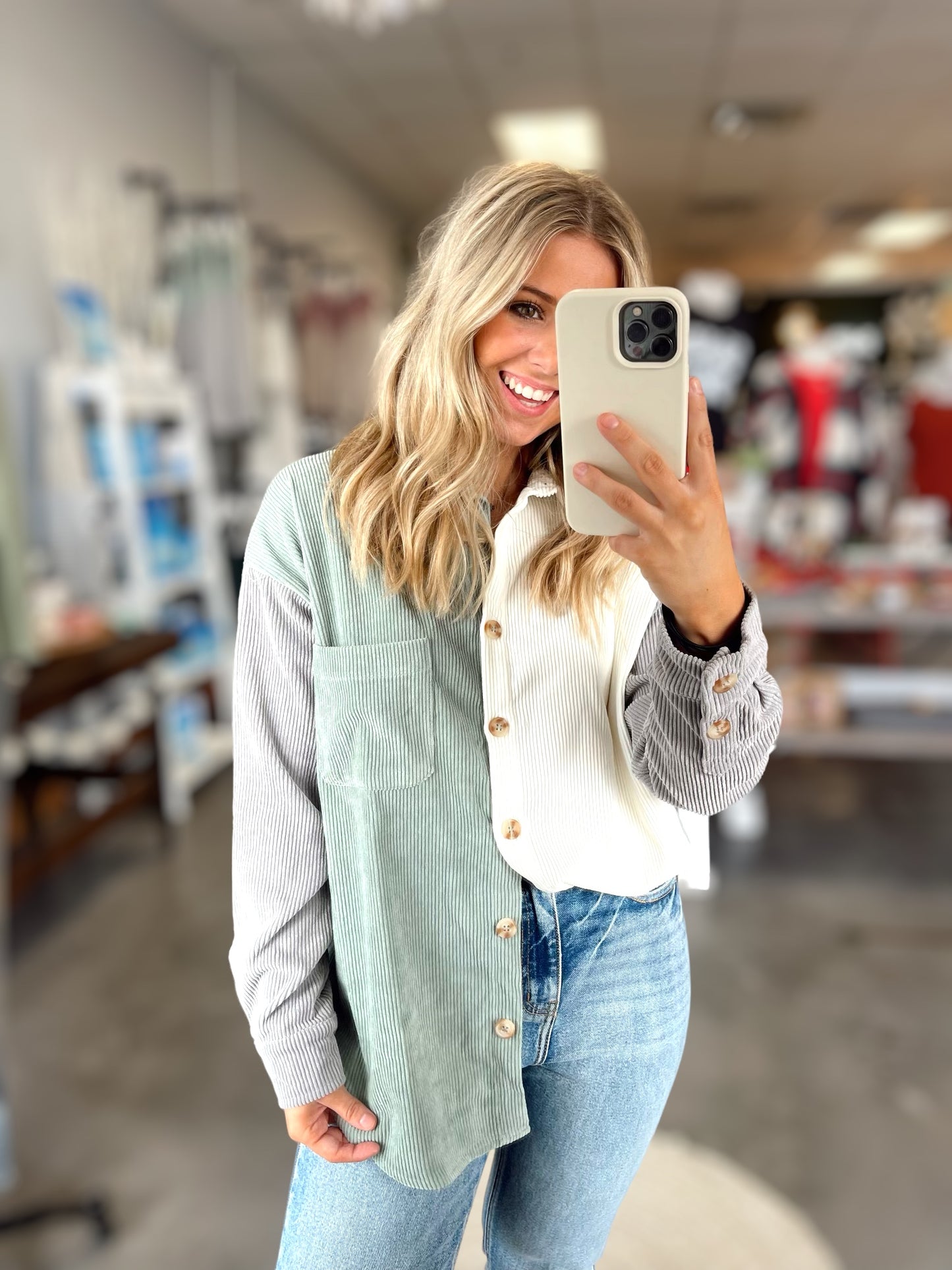 Colorblock Corduroy Shacket (2 Colors)(S-3X)