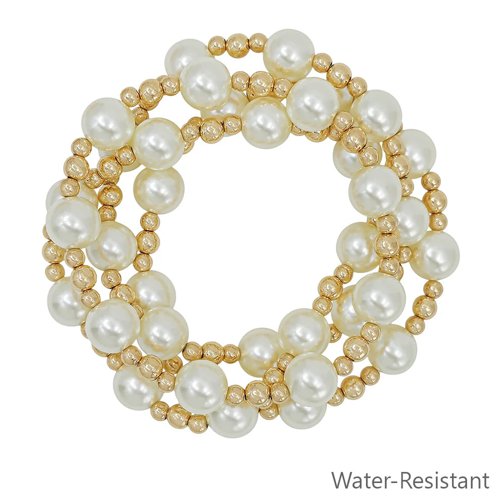 Set of 3 Gold Tube Pearl Beaded Bracelet Set