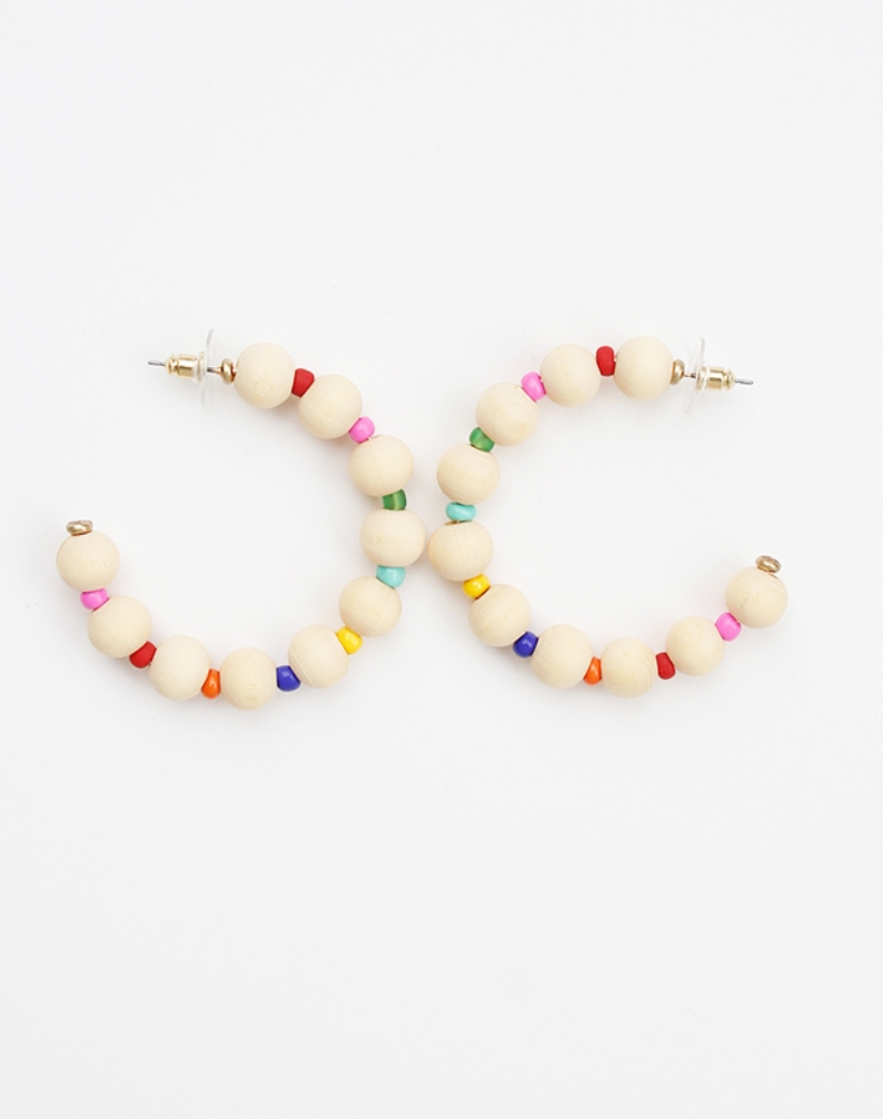 Natural Wood and Seed Bead Hoop Earrings
