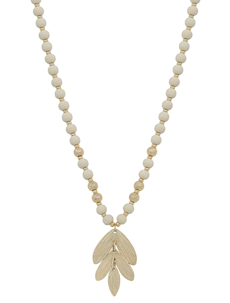 Wood Beaded Necklace w/ Leaf Pendant
