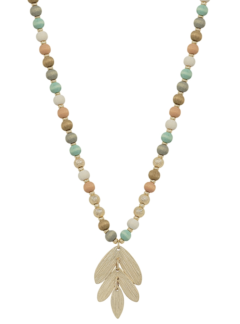 Wood Beaded Necklace w/ Leaf Pendant