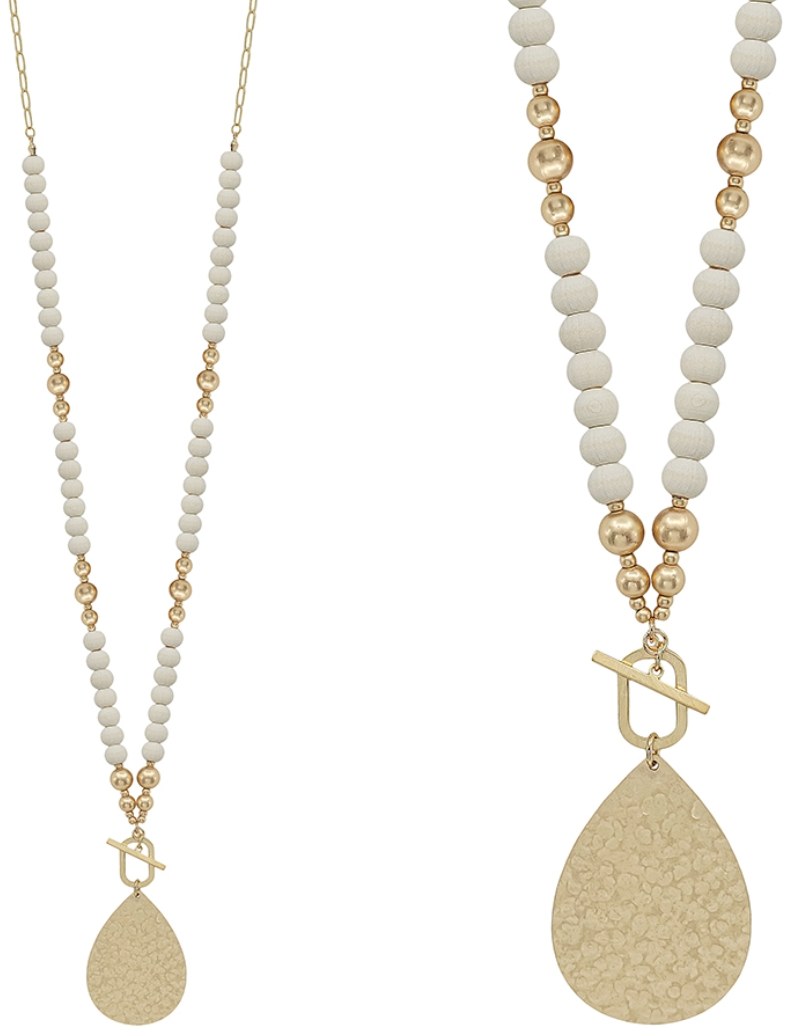 White Wood Beaded Teardrop Necklace